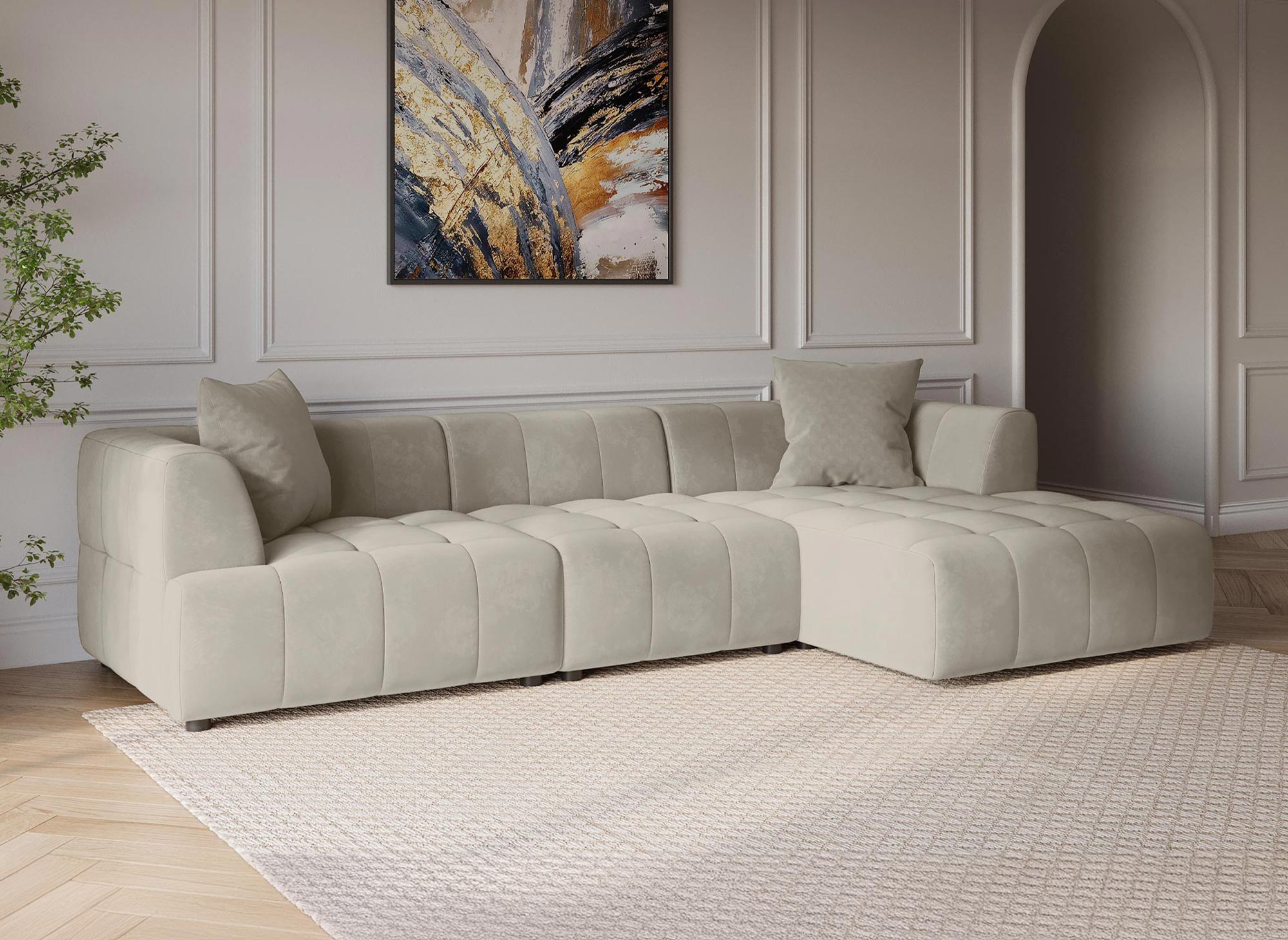 Canapé d'angle avec méridienne en velours beige KELIA - Angle Droit