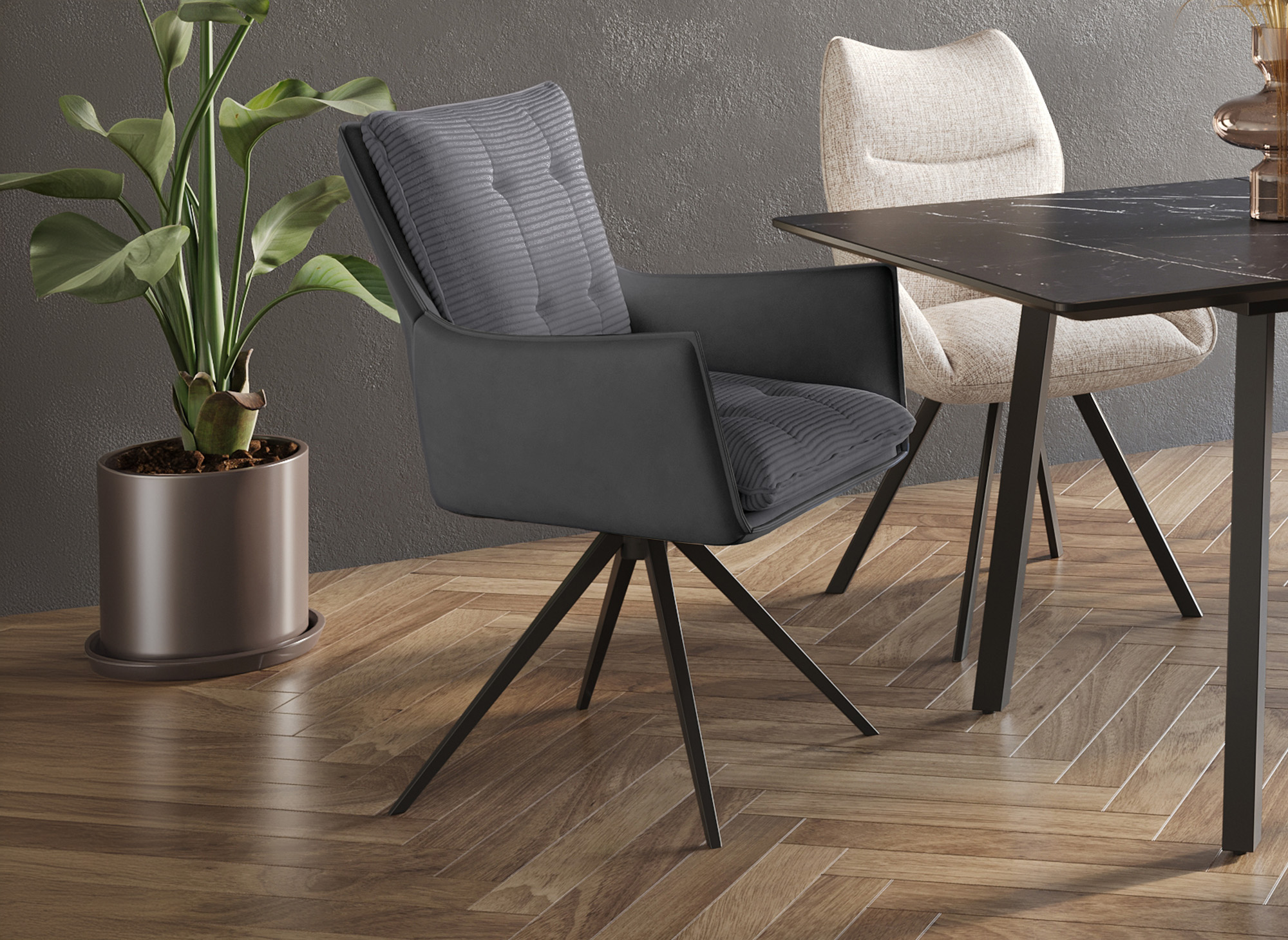 Chaise pivotante avec accoudoirs en velours gris NOALIE