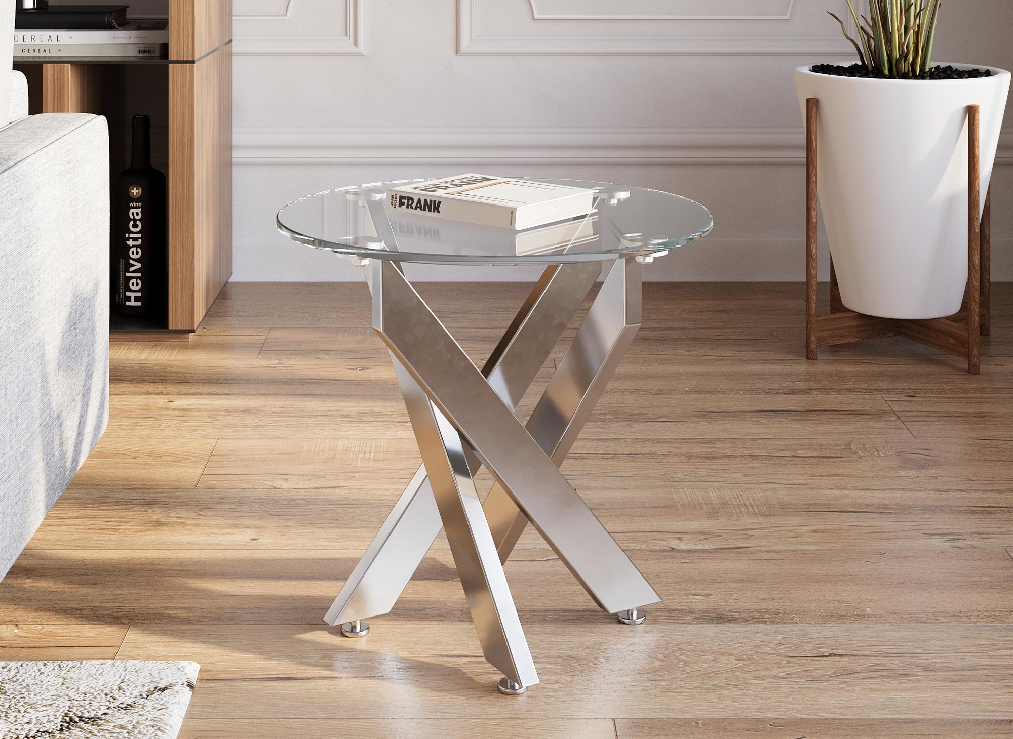 Table basse ronde design en verre pieds argentés CONNOR
