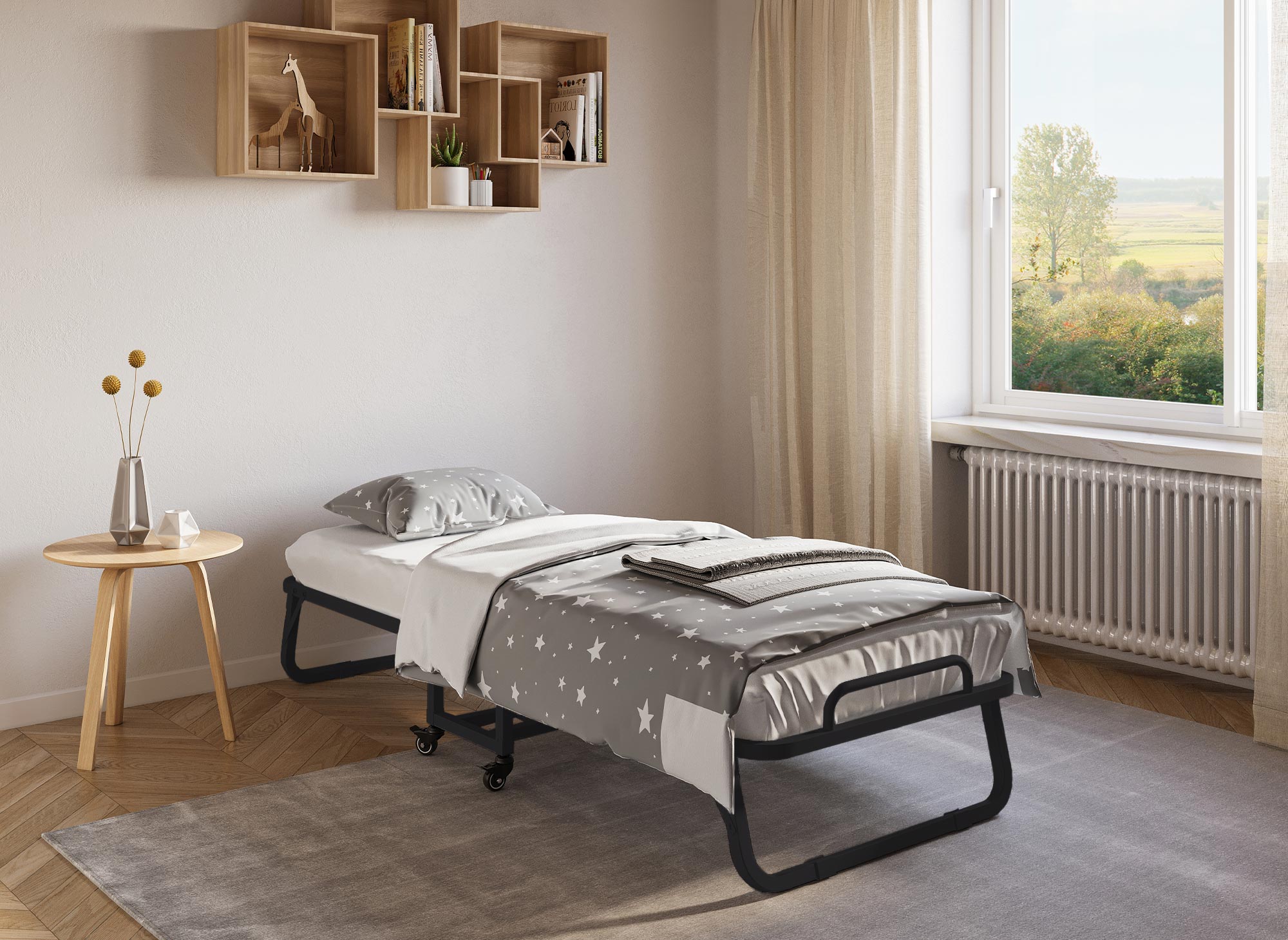 Lit d'appoint pliant en métal noir avec matelas EMMY 70 x 190 cm