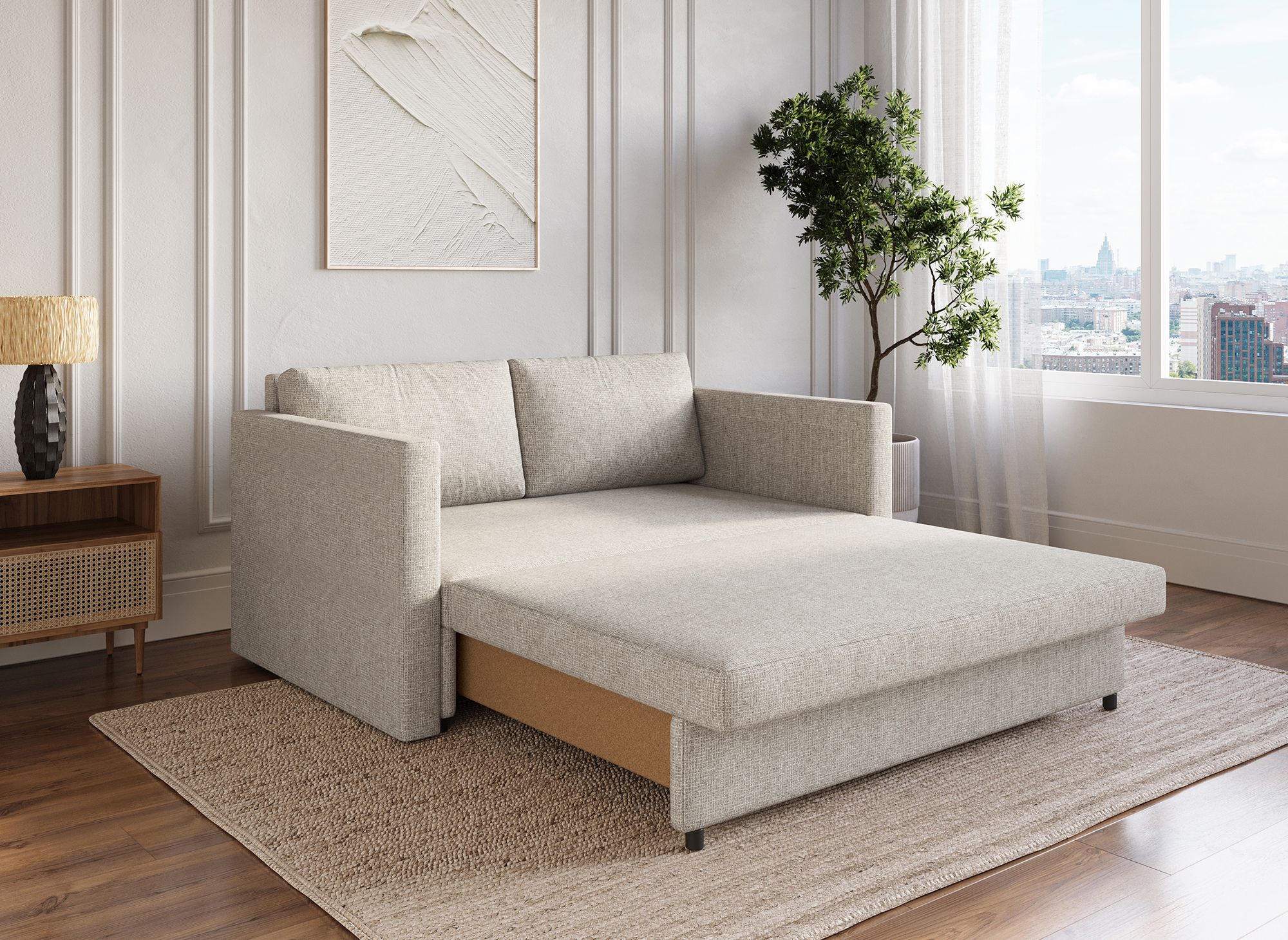 Canapé convertible 2 places avec coffre de rangement en tissu beige YERAZ