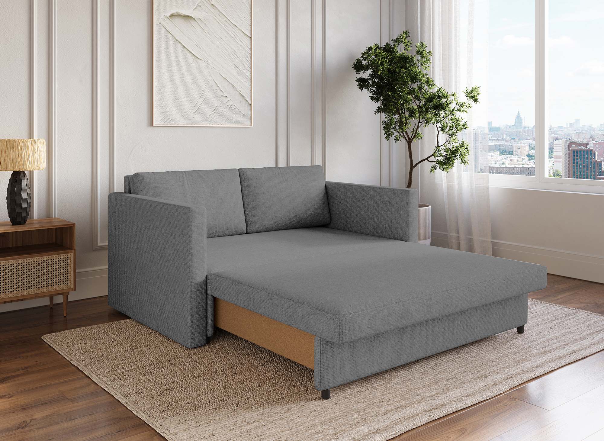 Canapé convertible 2 places avec coffre de rangement en tissu gris YERAZ