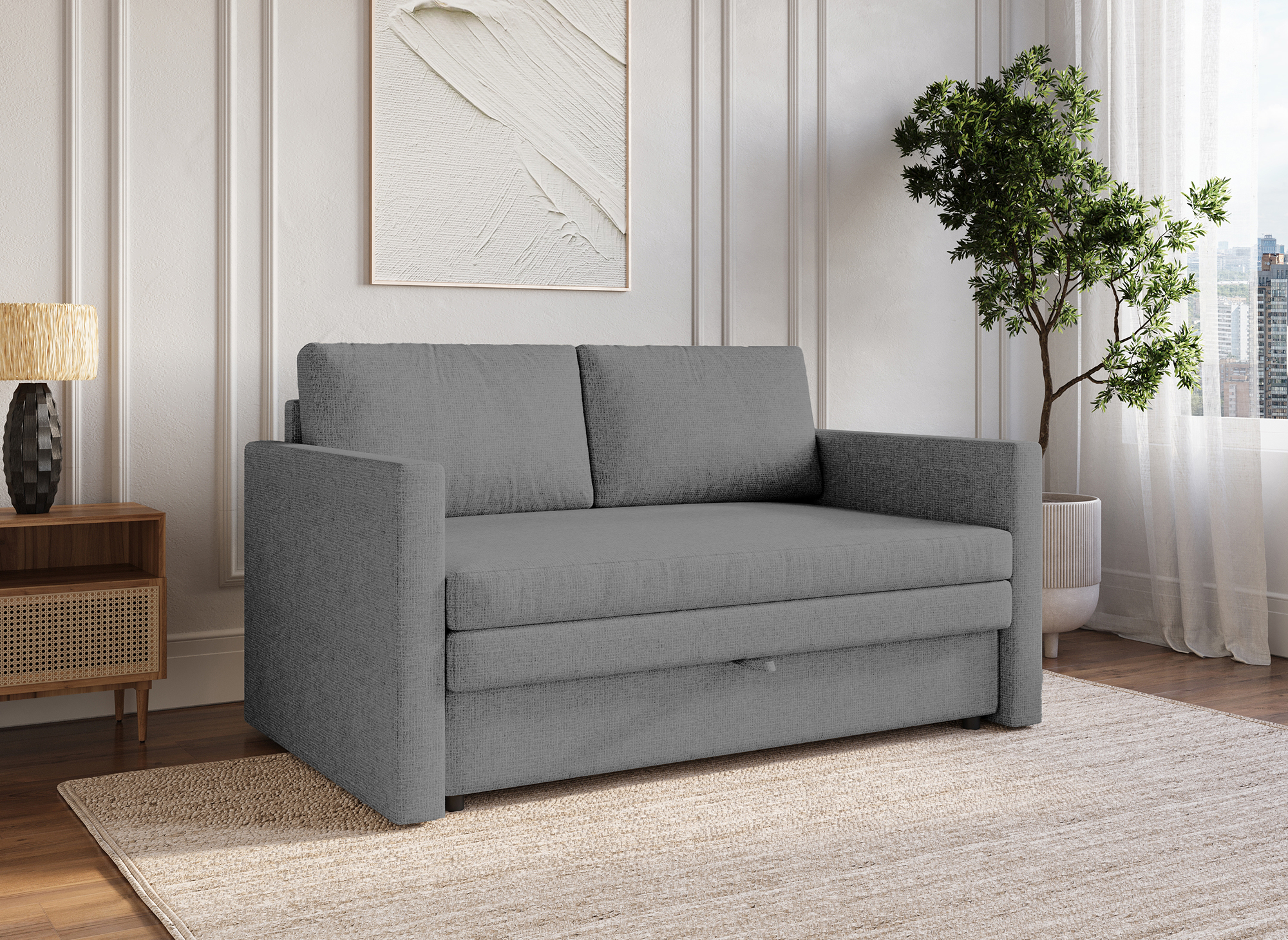 Canapé convertible 2 places avec coffre de rangement en tissu gris YERAZ
