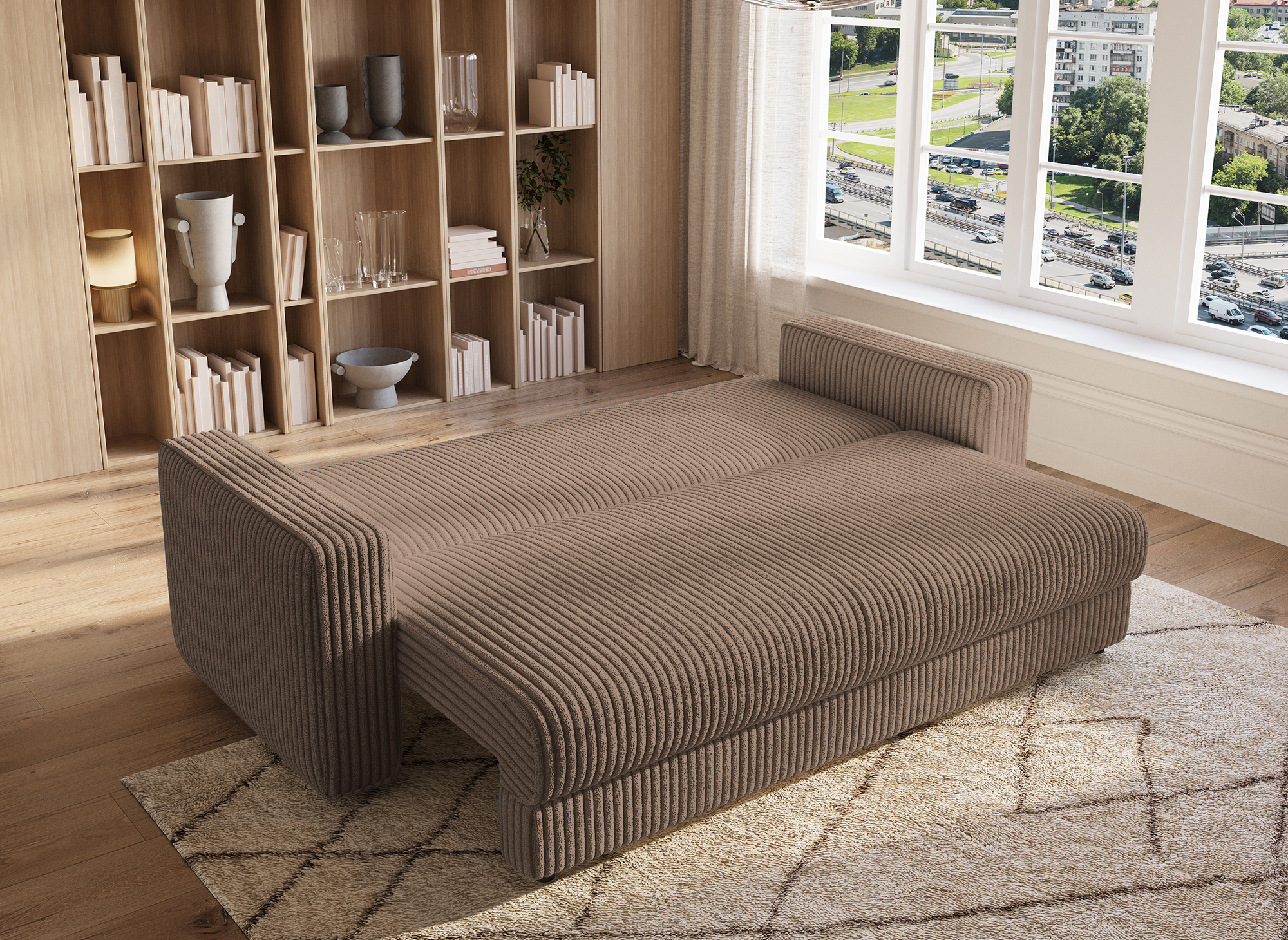 Canapé convertible 3 places avec coffre en velours côtelé épais taupe ZURIA