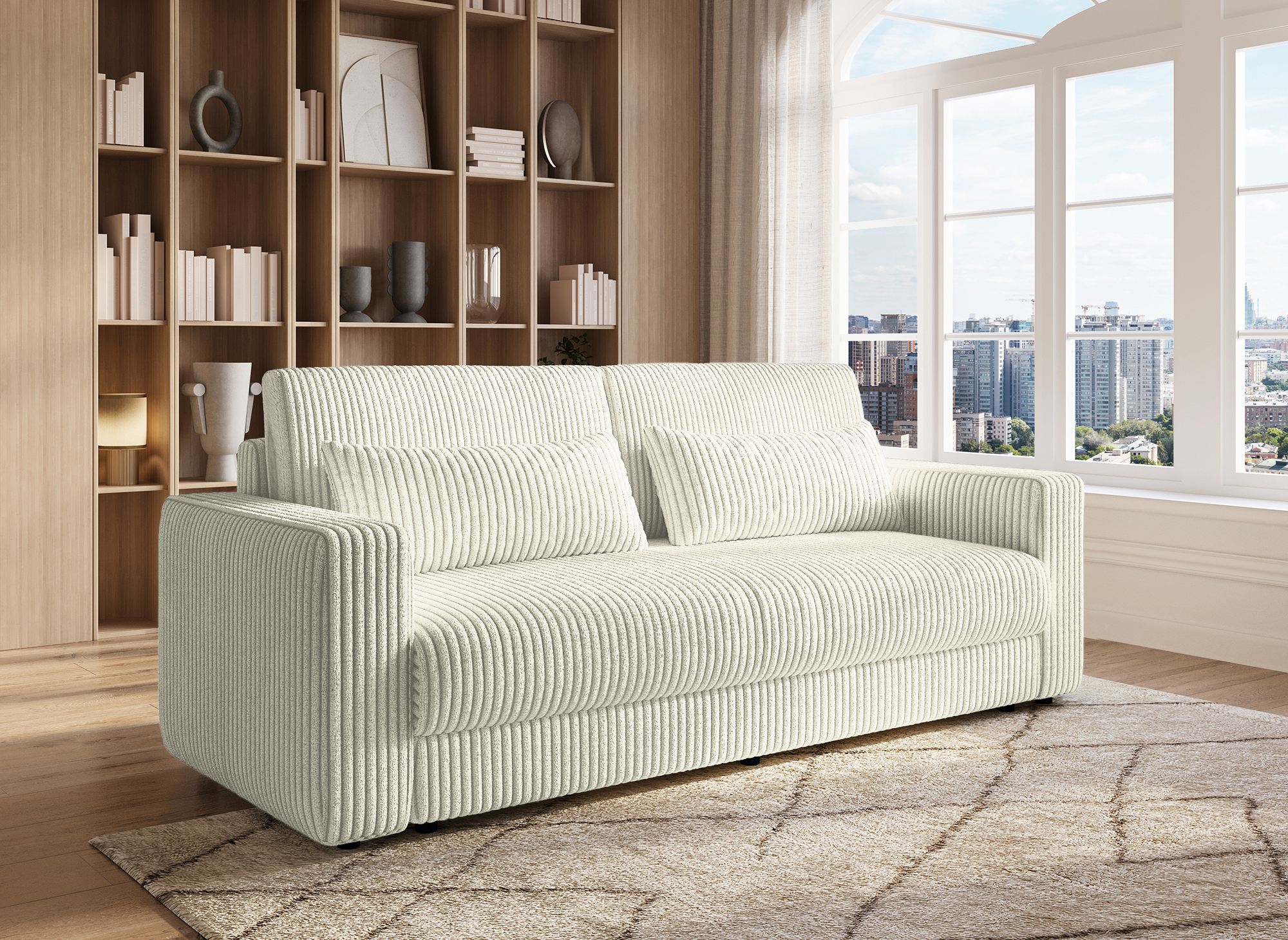 Canapé convertible 3 places avec coffre en velours côtelé épais beige ZURIA