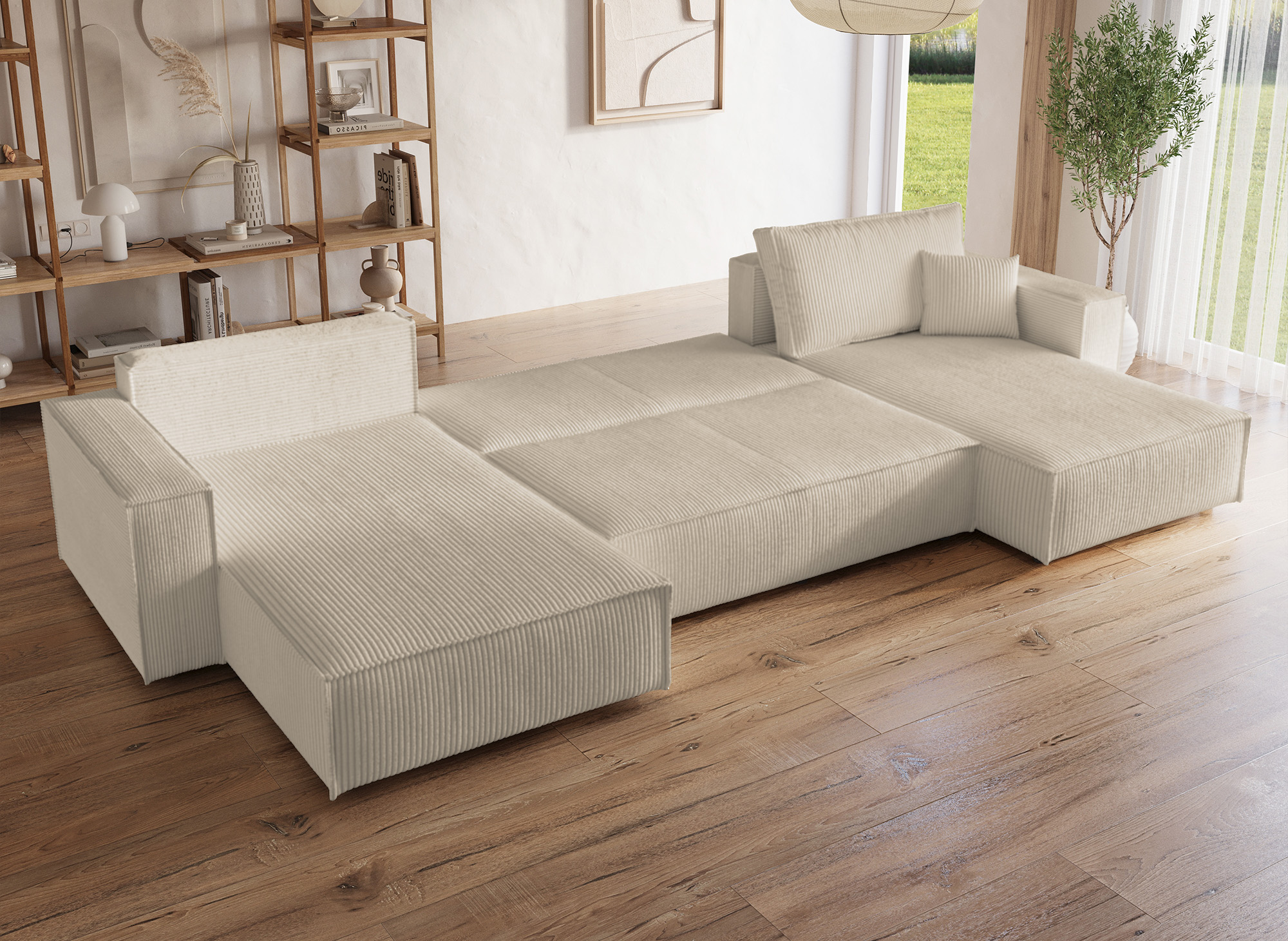 Canapé panoramique convertible avec coffre en velours côtelé beige - JADE