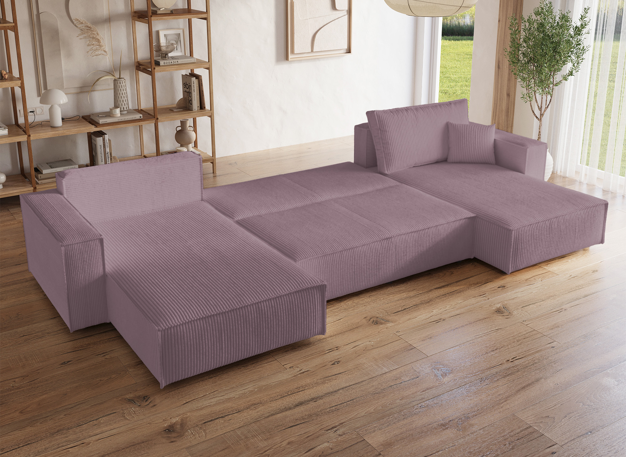 Canapé panoramique convertible avec coffre en velours cotelé lilas - JADE