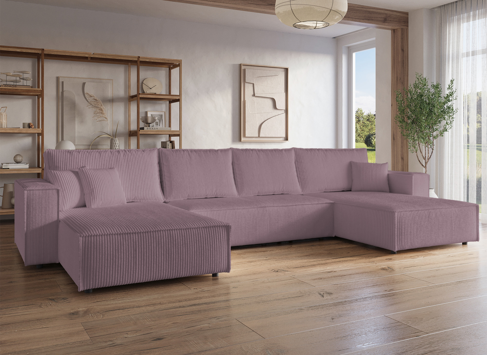 Canapé panoramique convertible avec coffre en velours cotelé lilas - JADE