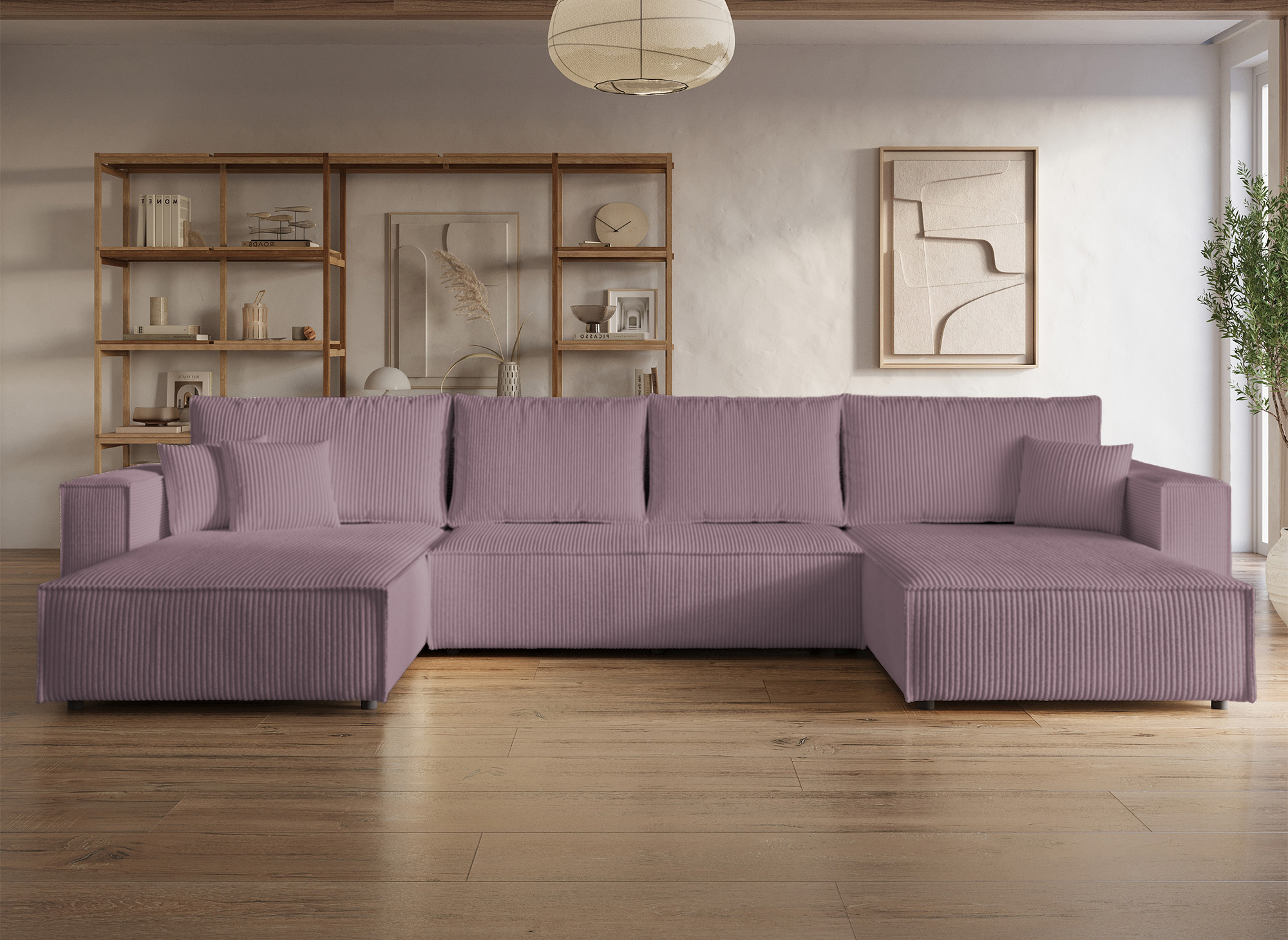 Canapé panoramique convertible avec coffre en velours cotelé lilas - JADE