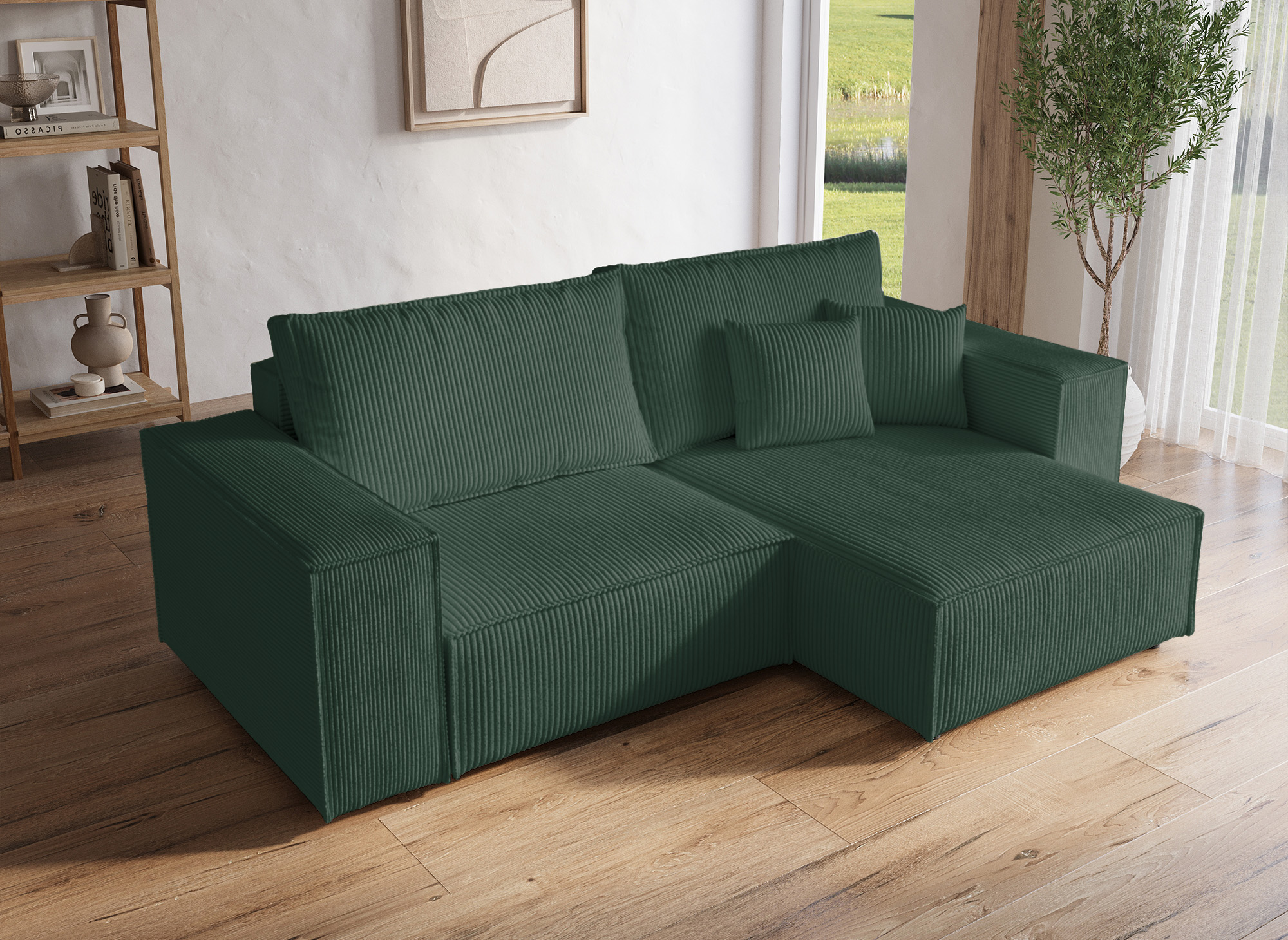 Canapé d'angle convertible et réversible avec coffre en velours côtelé vert  JADE MINI