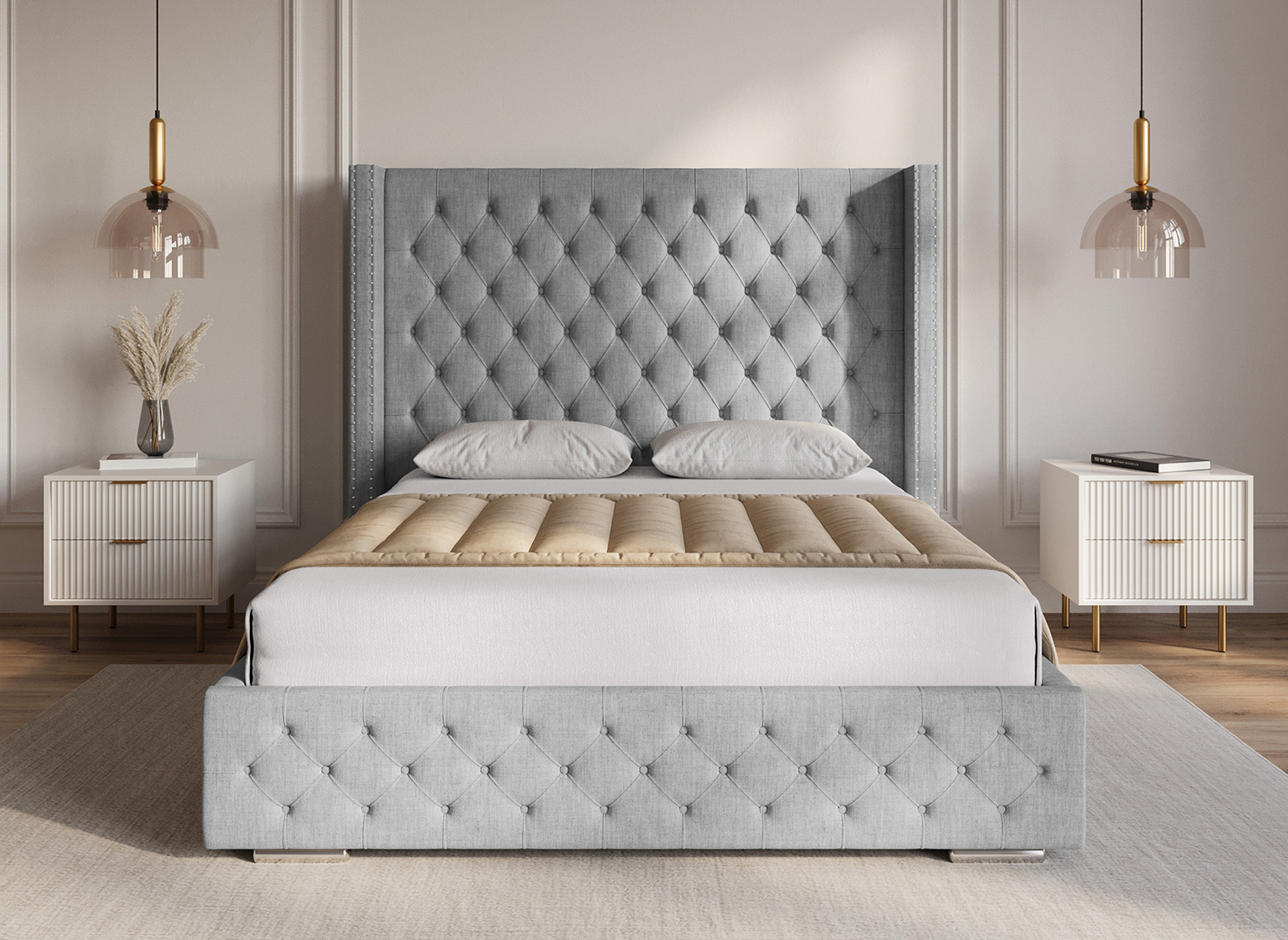 Lit coffre en tissu lin gris 180x200 cm MAXI