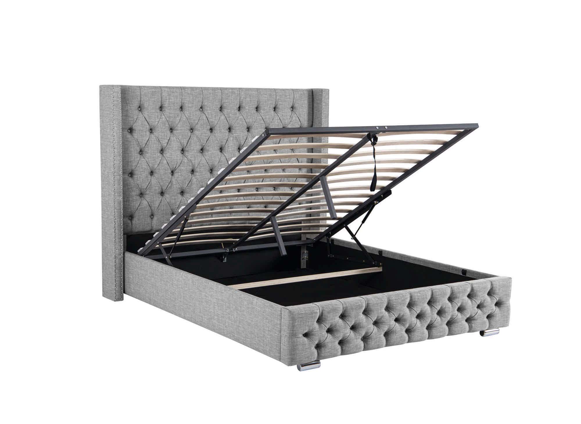 Lit coffre en tissu lin gris 180x200 cm MAXI