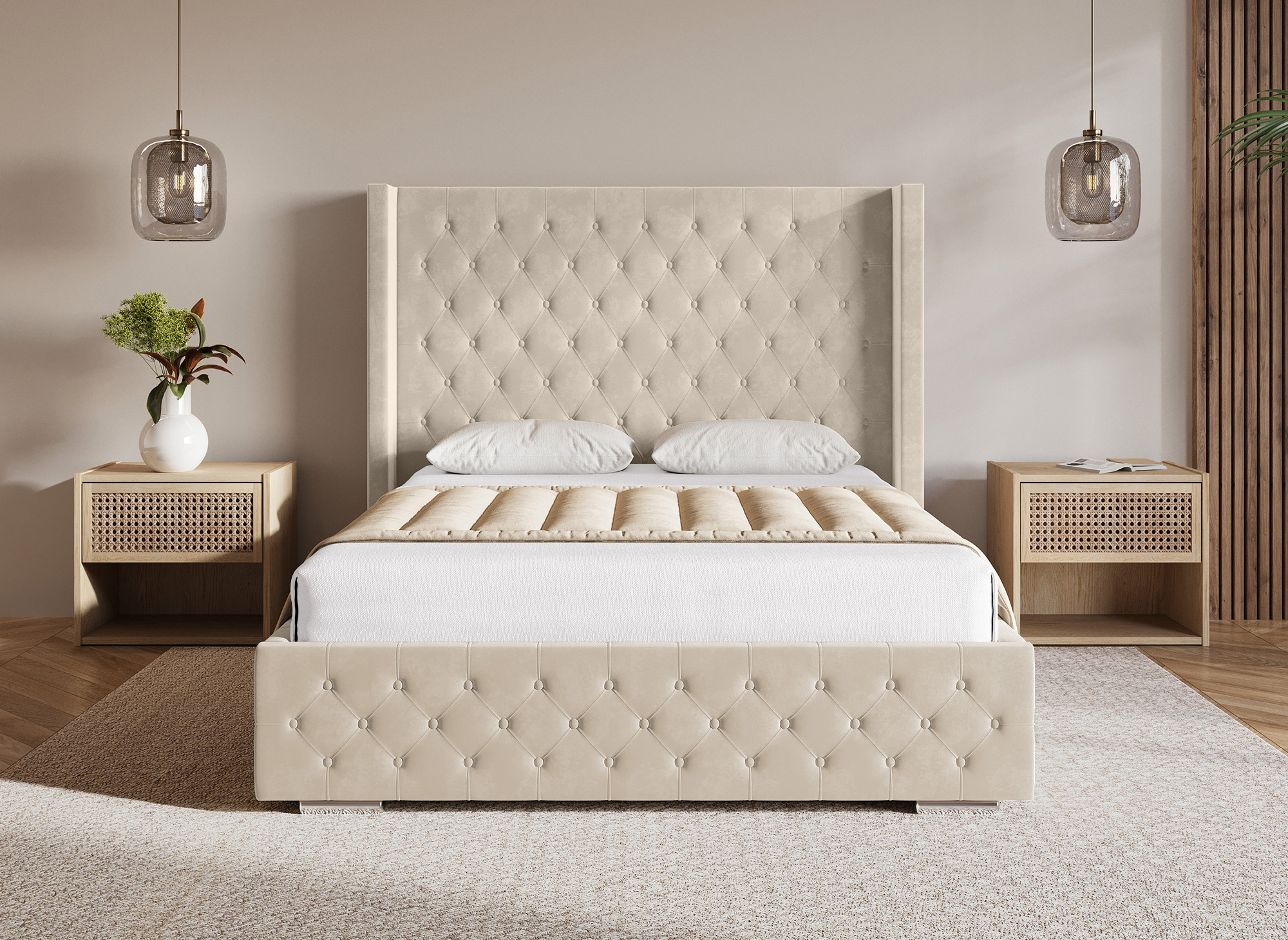 Lit coffre en velours beige 140X190 cm PERLA