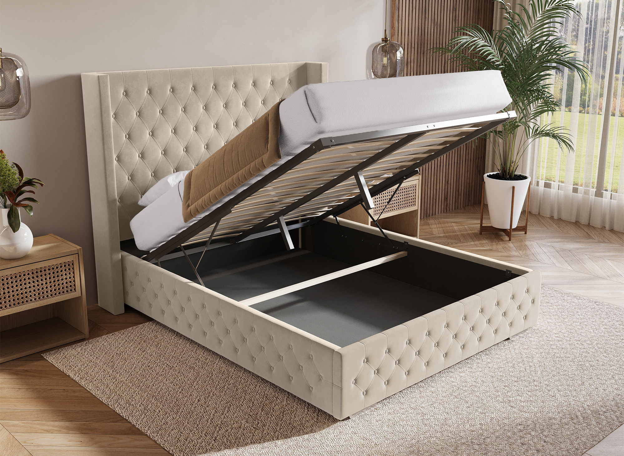 Lit coffre en velours beige 140X190 cm PERLA