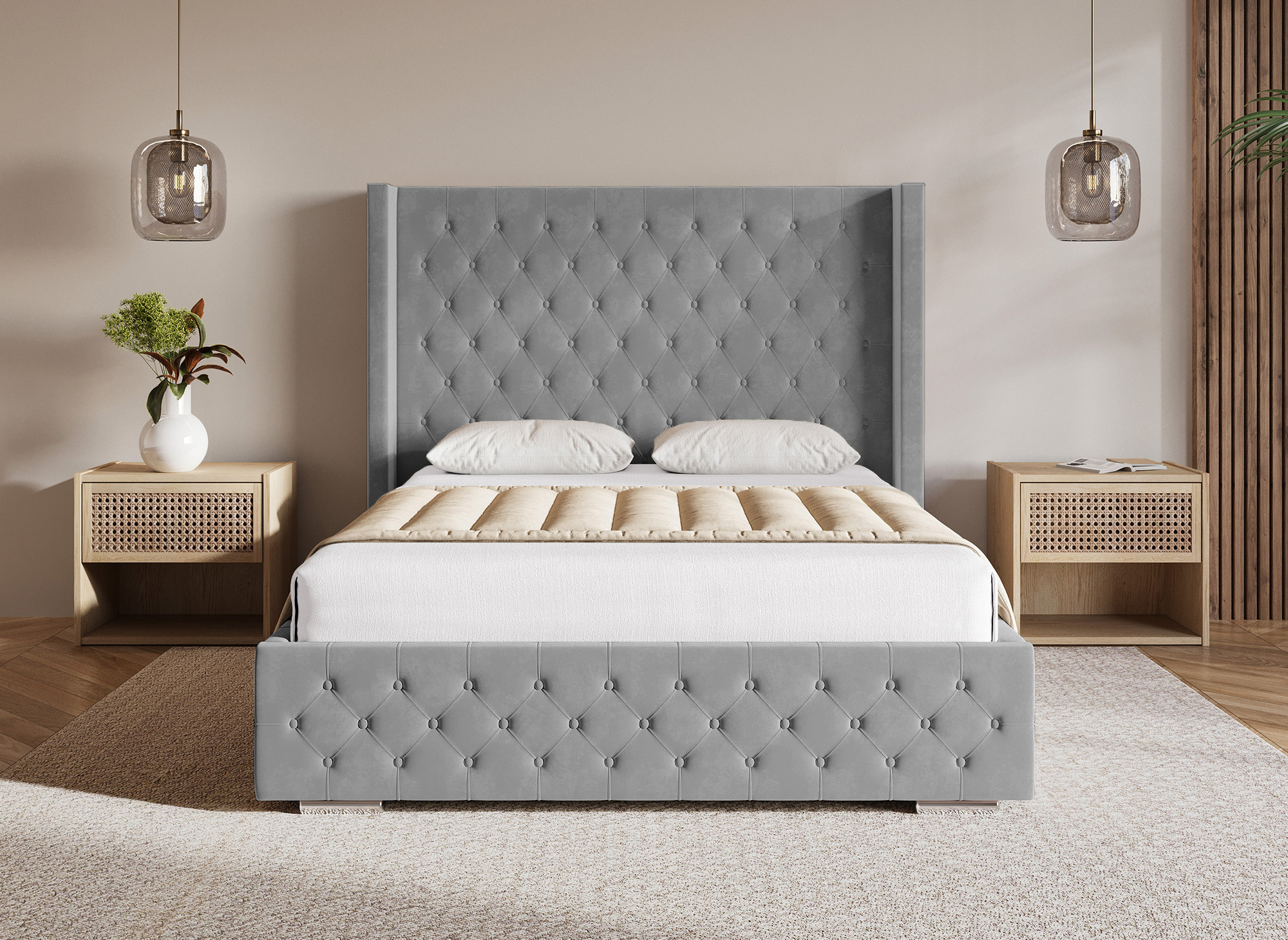 Lit coffre en velours gris 140X190 cm PERLA