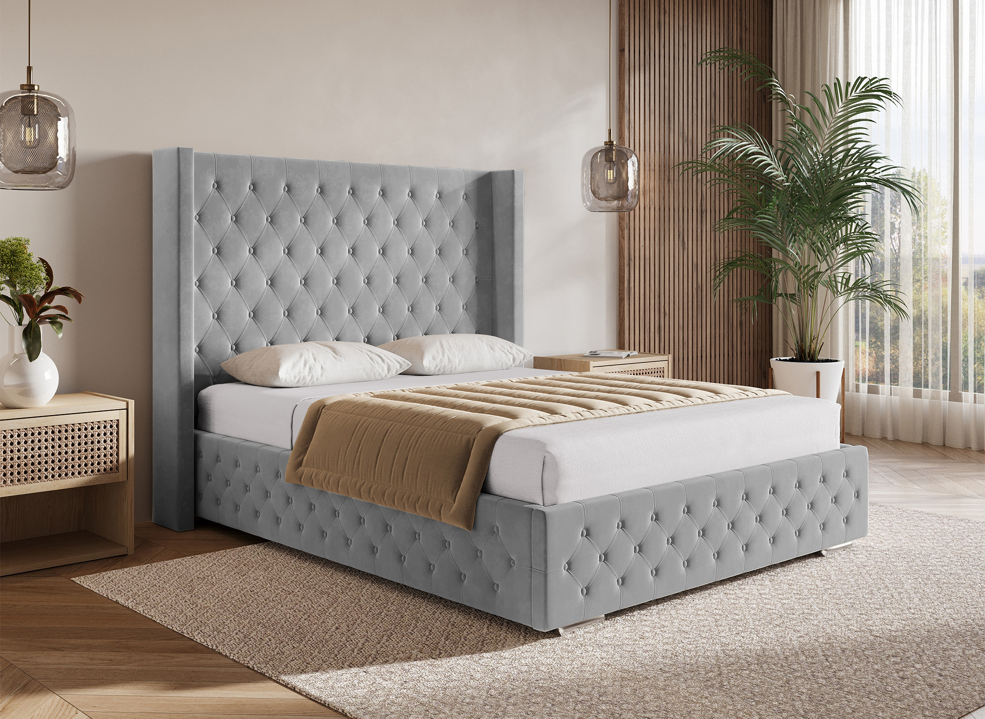 Lit coffre en velours gris 140X190 cm PERLA