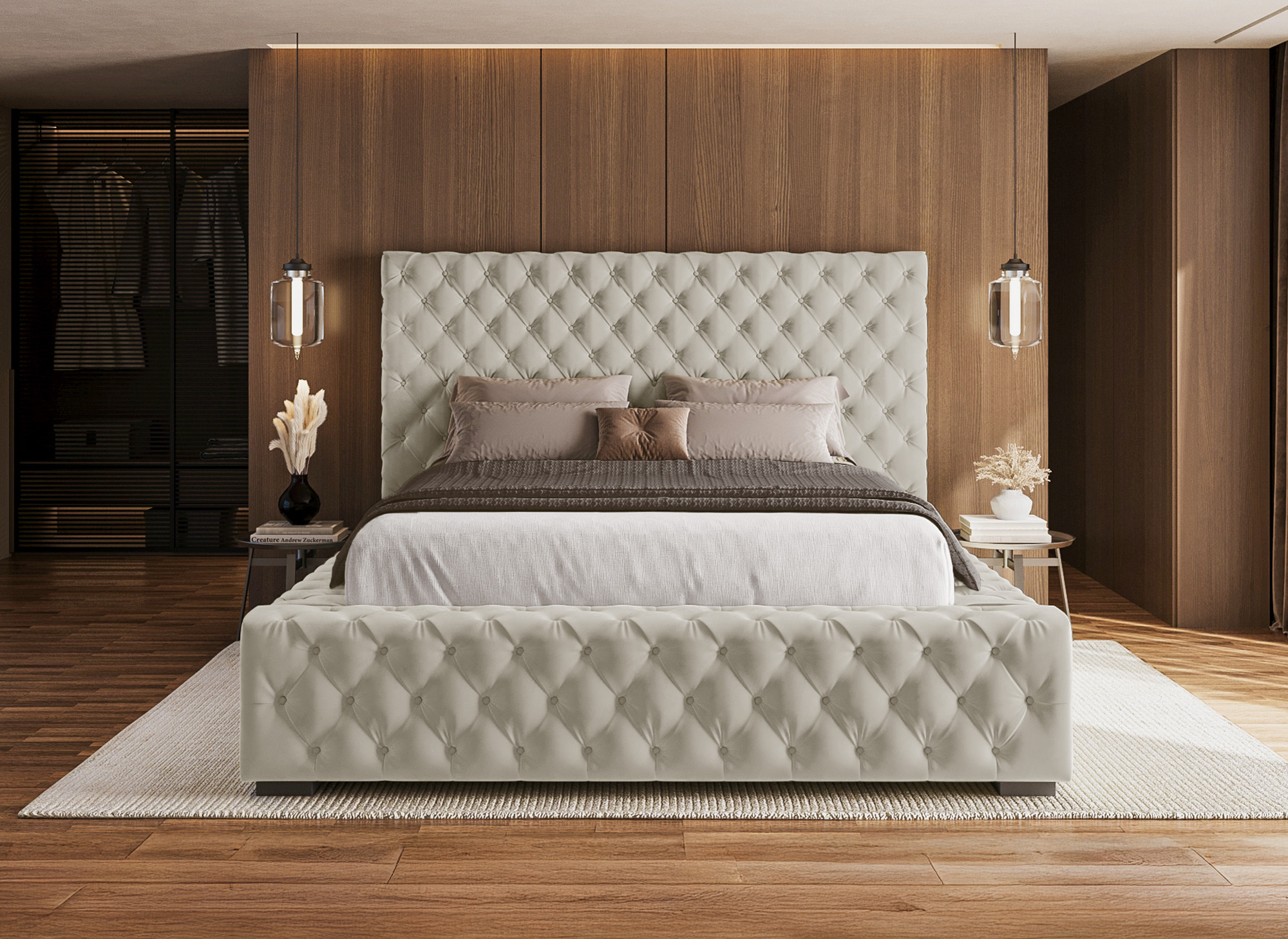 Lit coffre capitonné en velours beige IDALINE 140 x 190 cm