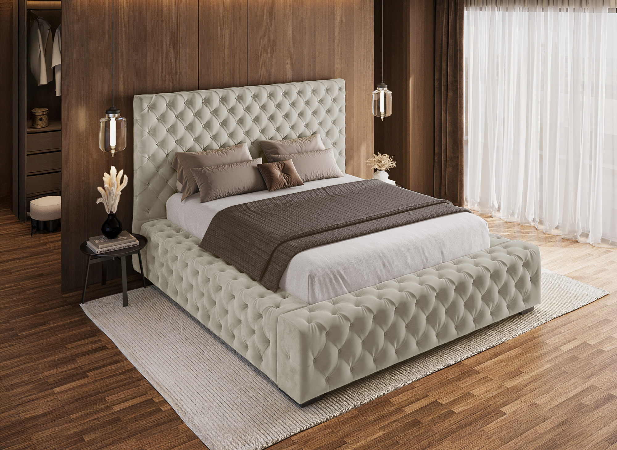 Lit coffre capitonné en velours beige IDALINE 140 x 190 cm