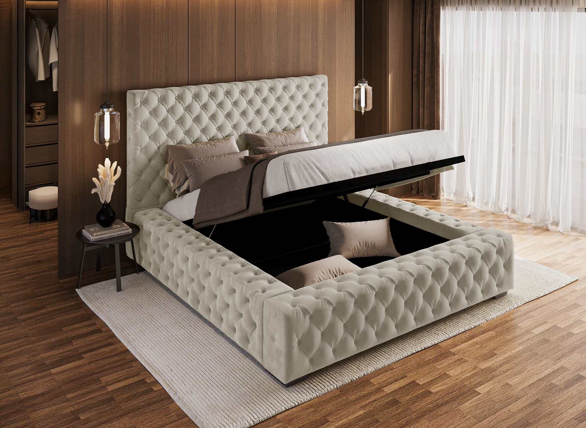 Lit coffre capitonné en velours beige IDALINE 140 x 190 cm