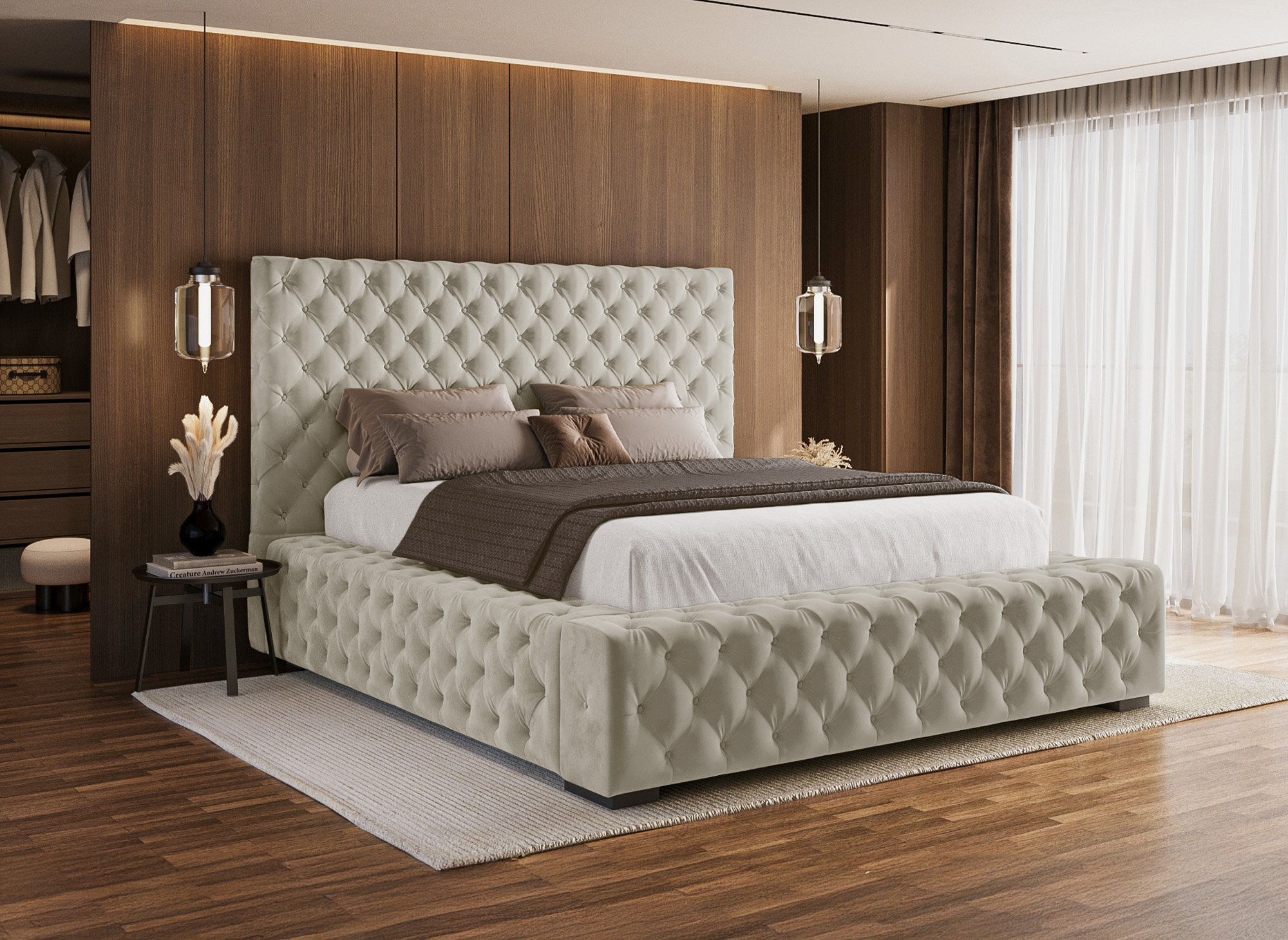 Lit coffre capitonné en velours beige IDALINE 140 x 190 cm