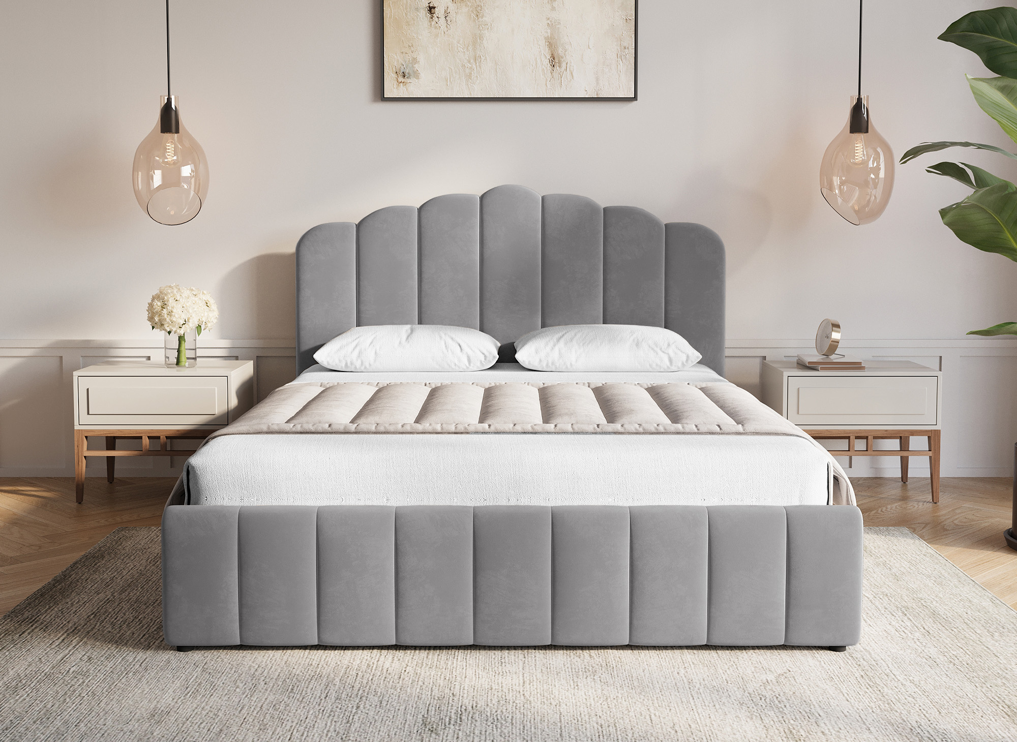 Lit coffre en velours gris 160x200 cm ELVIRA