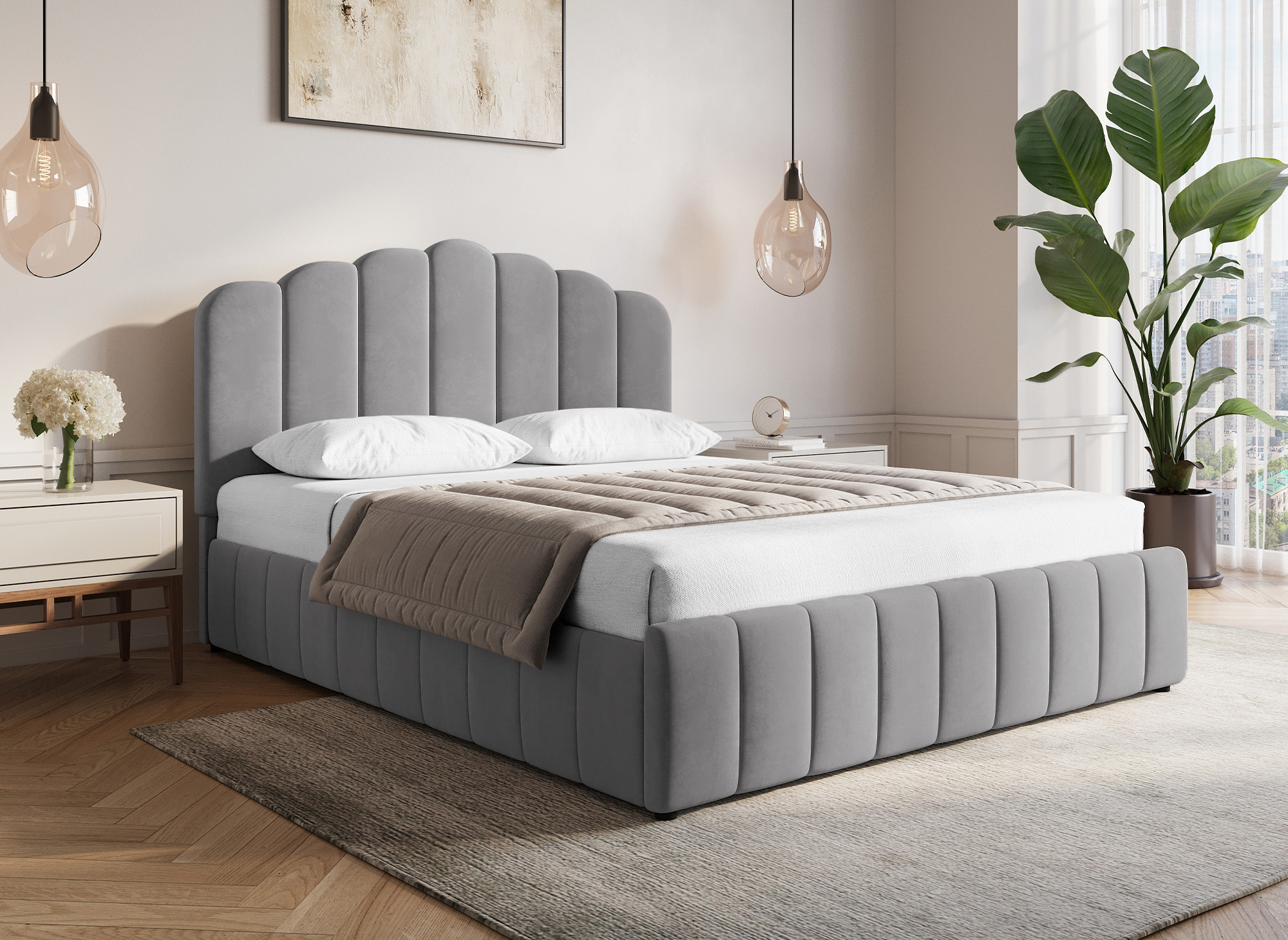 Lit coffre en velours gris 160x200 cm ELVIRA