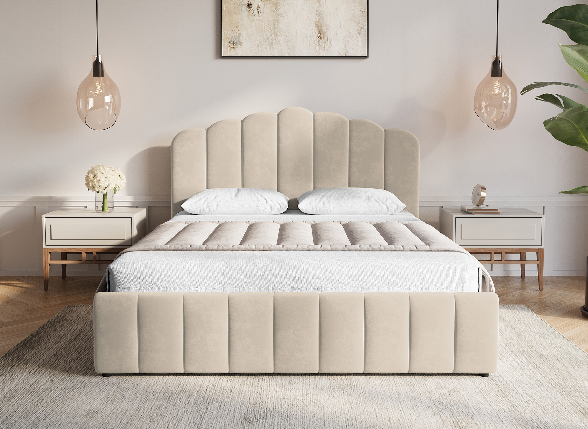 Lit coffre en velours beige 160x200 cm ELVIRA
