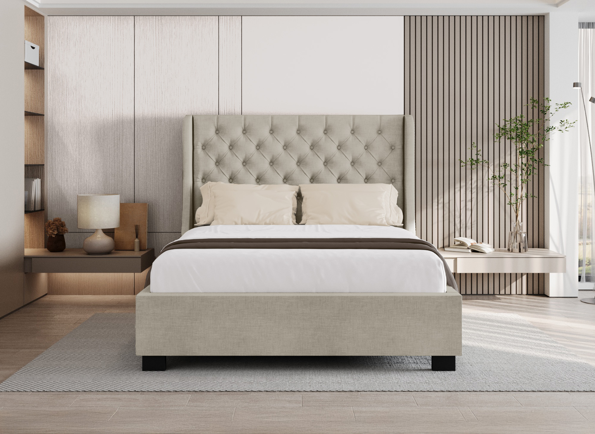 Lit coffre capitonné en tissu lin beige FLORINE 140 x 190 cm