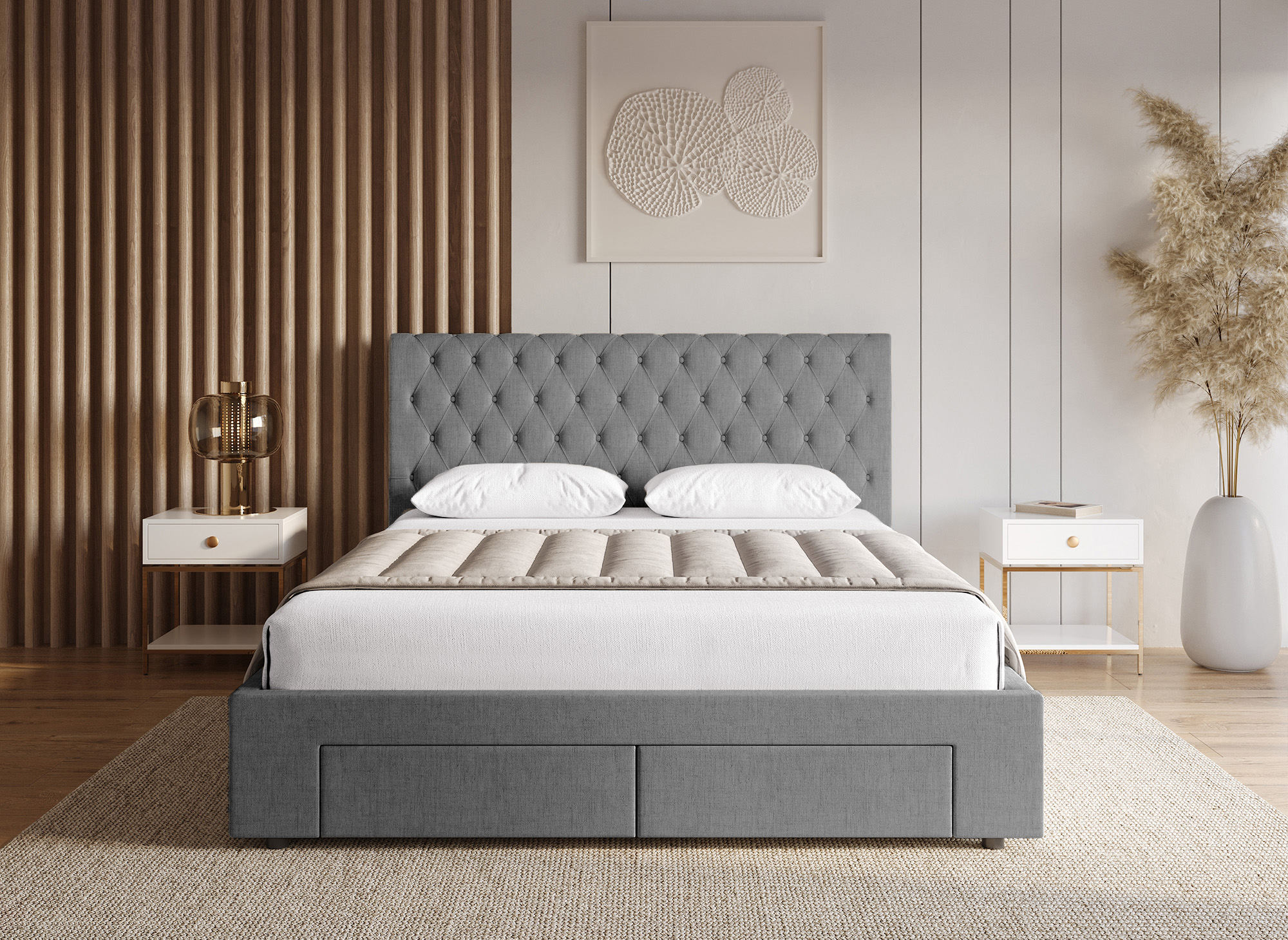 Lit double avec 4 tiroirs en lin gris 180x200 cm LEANDRE