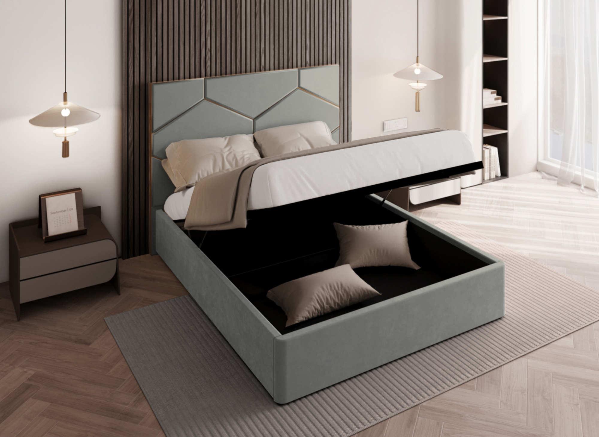 Lit coffre avec tête de lit design en velours gris LARA 160 x 200 cm