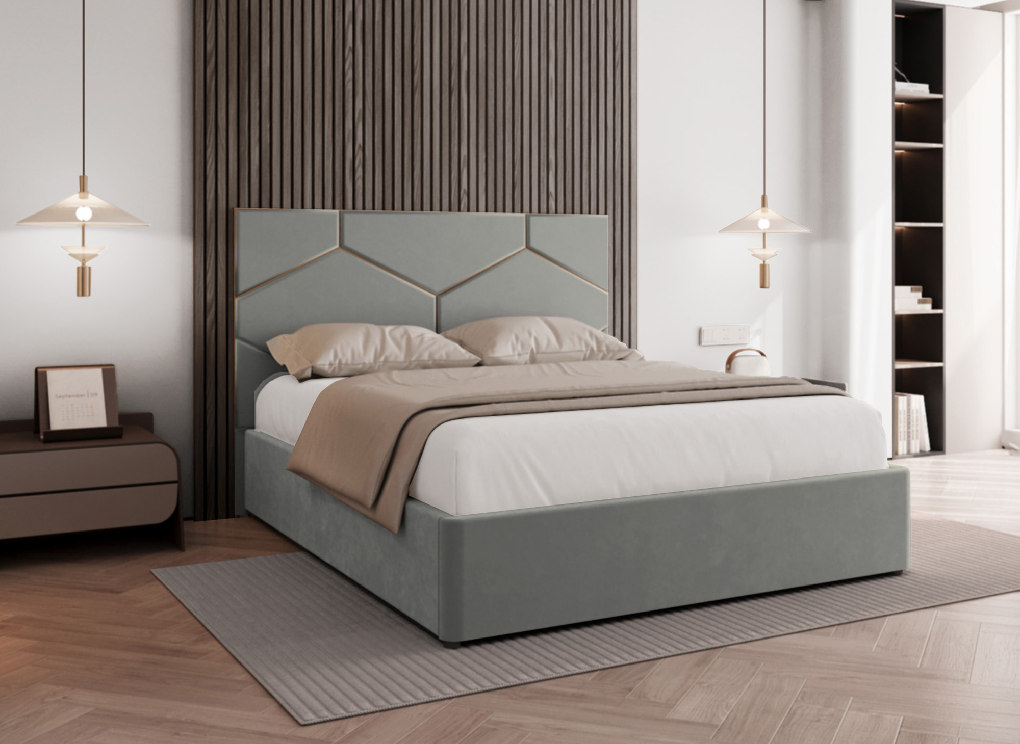 Lit coffre avec tête de lit design en velours gris LARA 160 x 200 cm