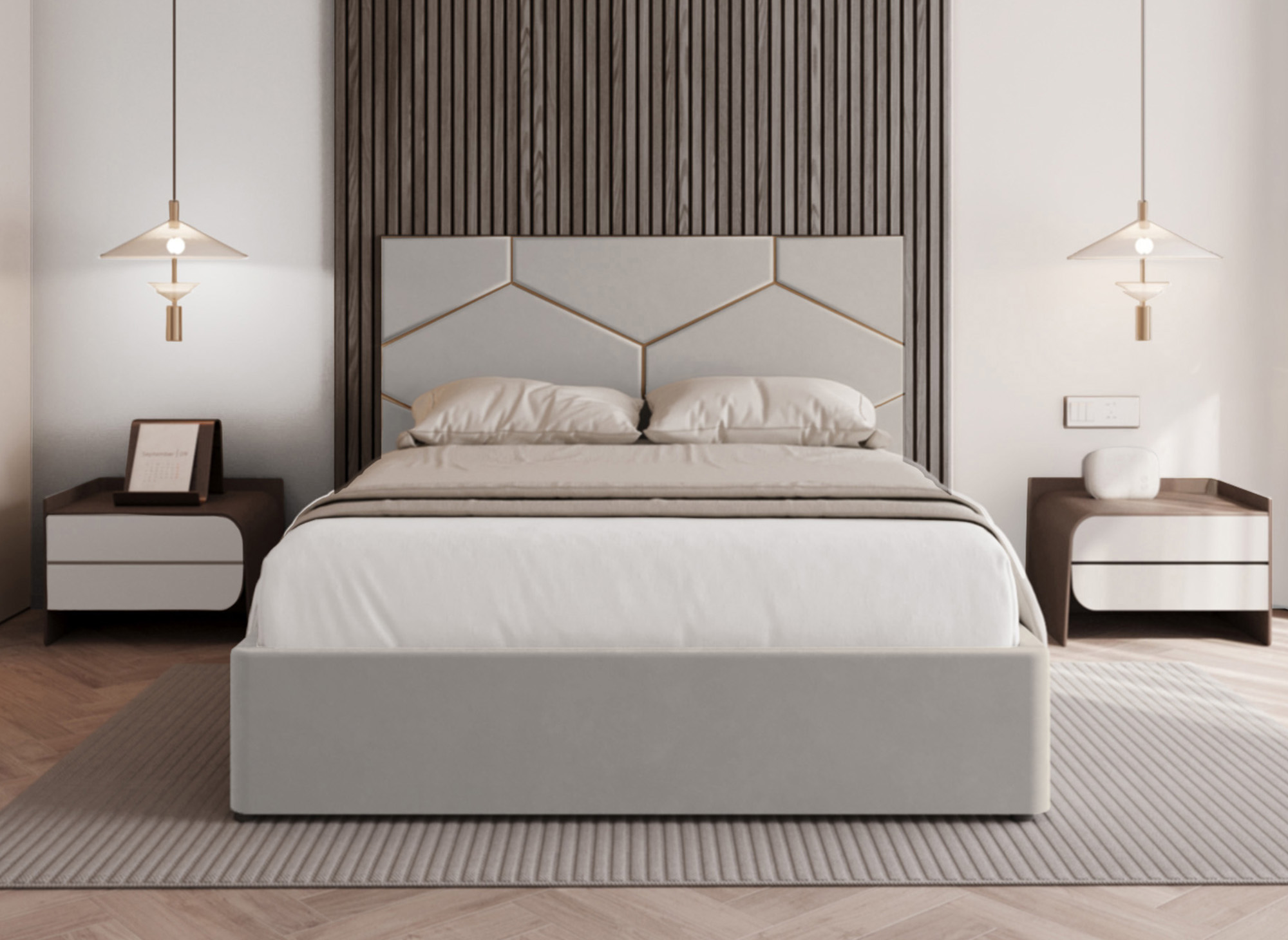 Lit coffre avec tête de lit design en velours taupe LARA 140 x 190 cm