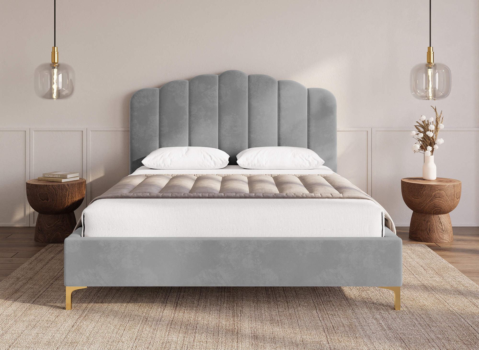Lit double en velours gris 140x190 cm MARION