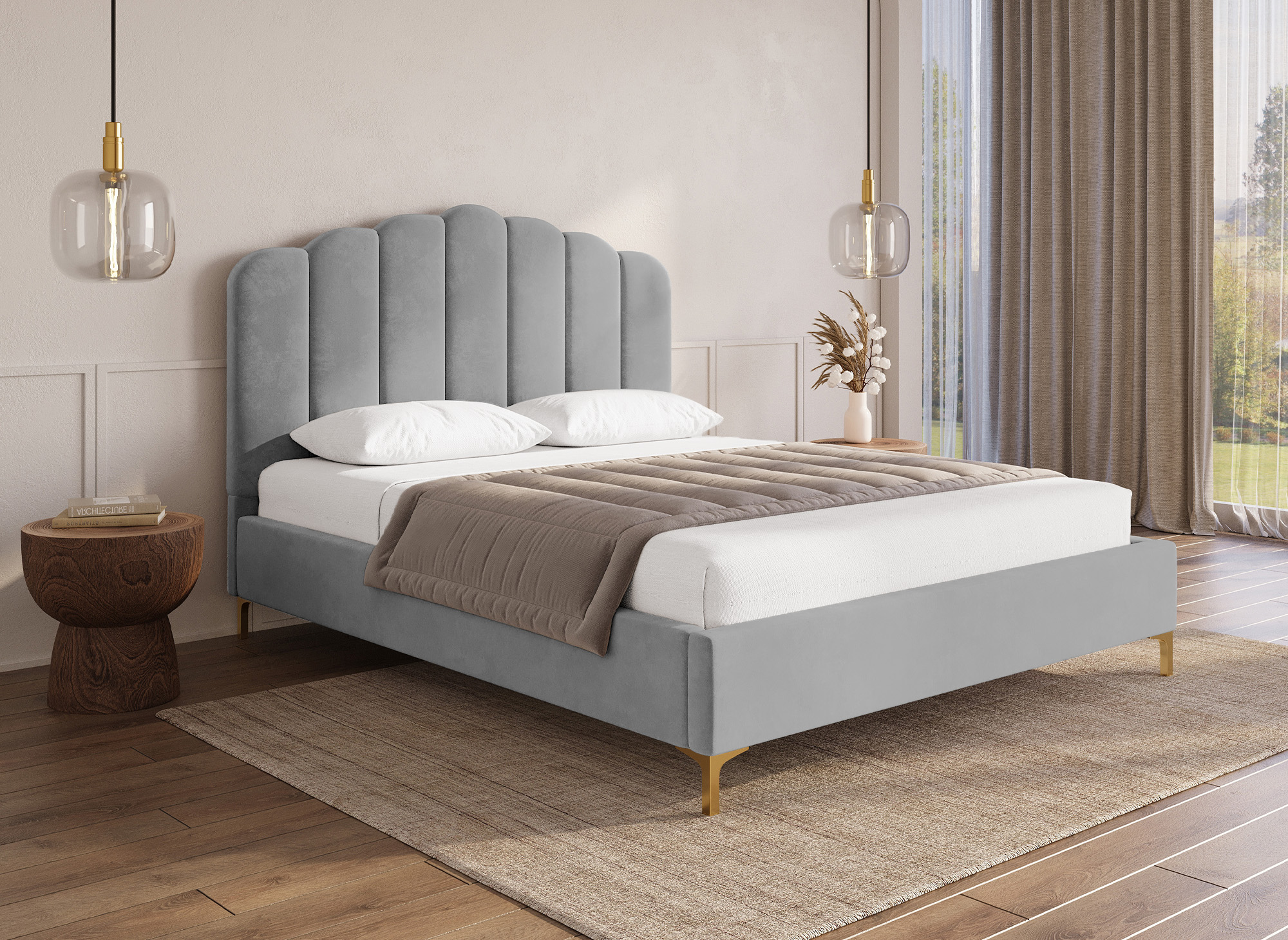 Lit double en velours gris 140x190 cm MARION