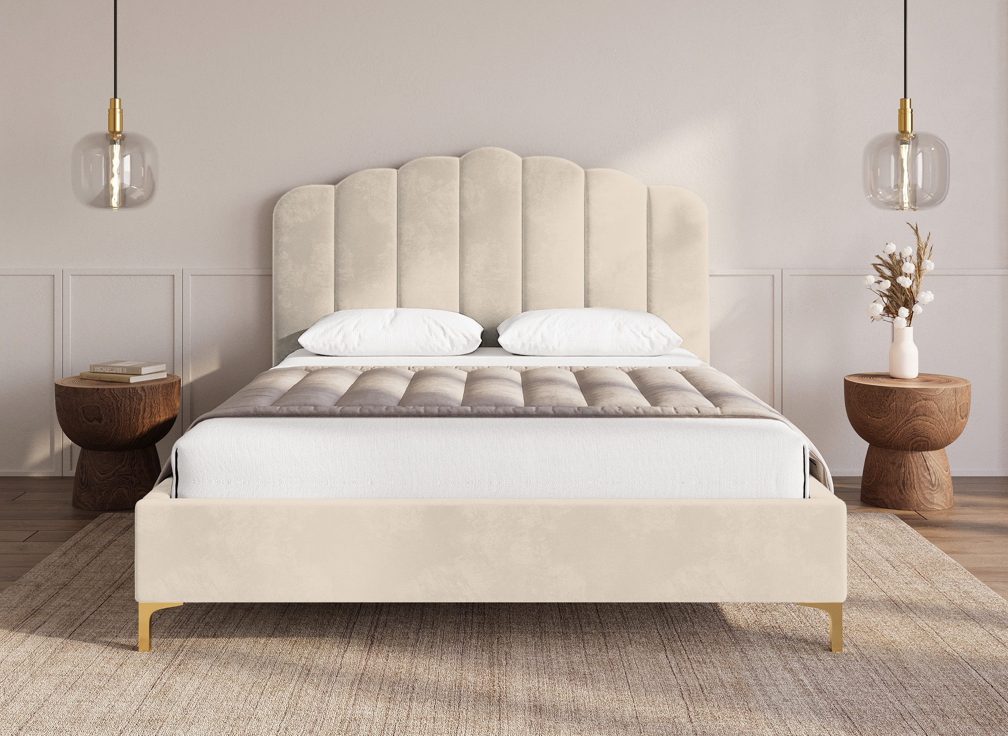 Lit double en velours beige 140x190 cm MARION