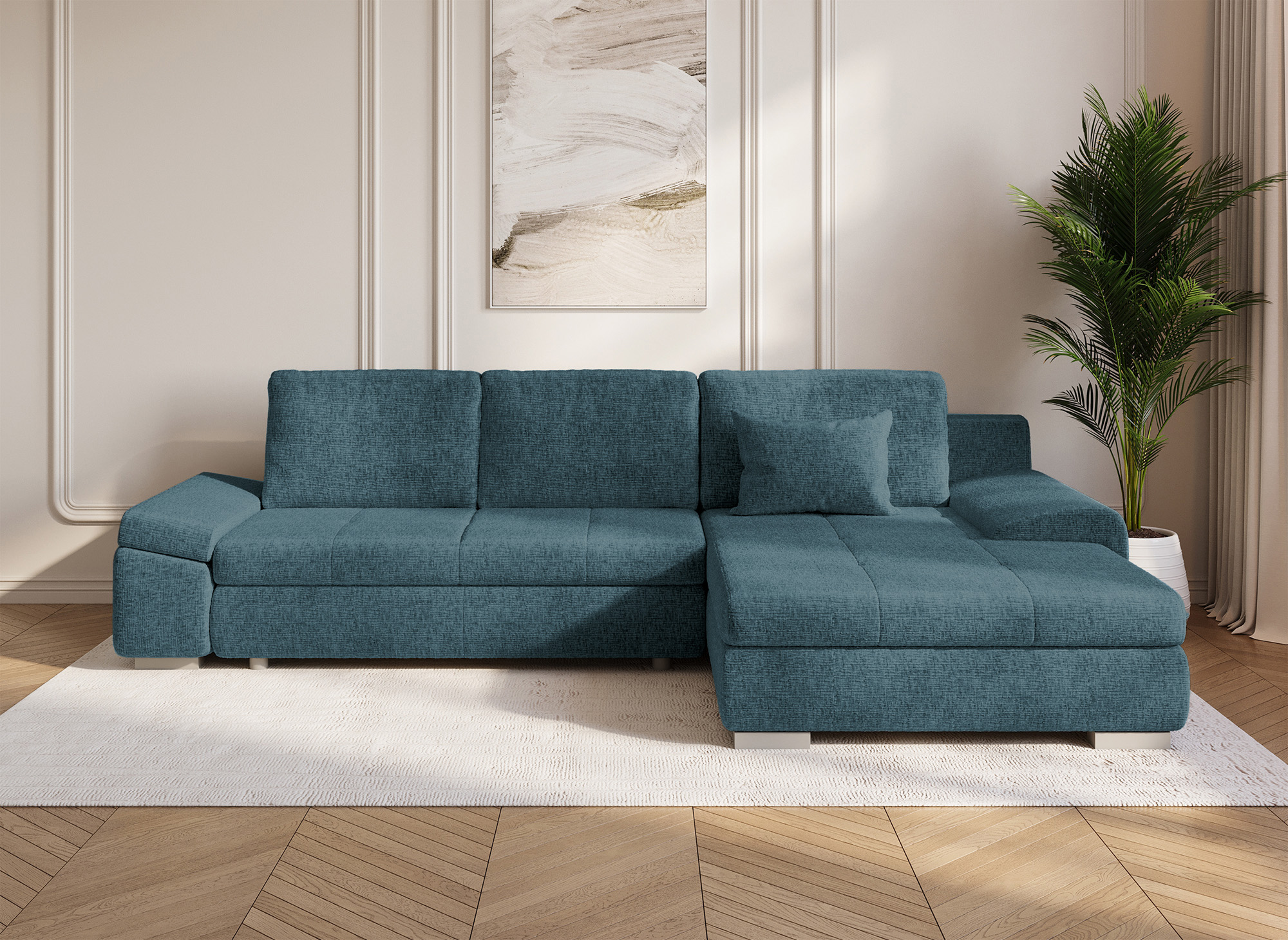 Canapé d'angle convertible réversible avec coffre en velours chiné bleu pétrole SOLEA