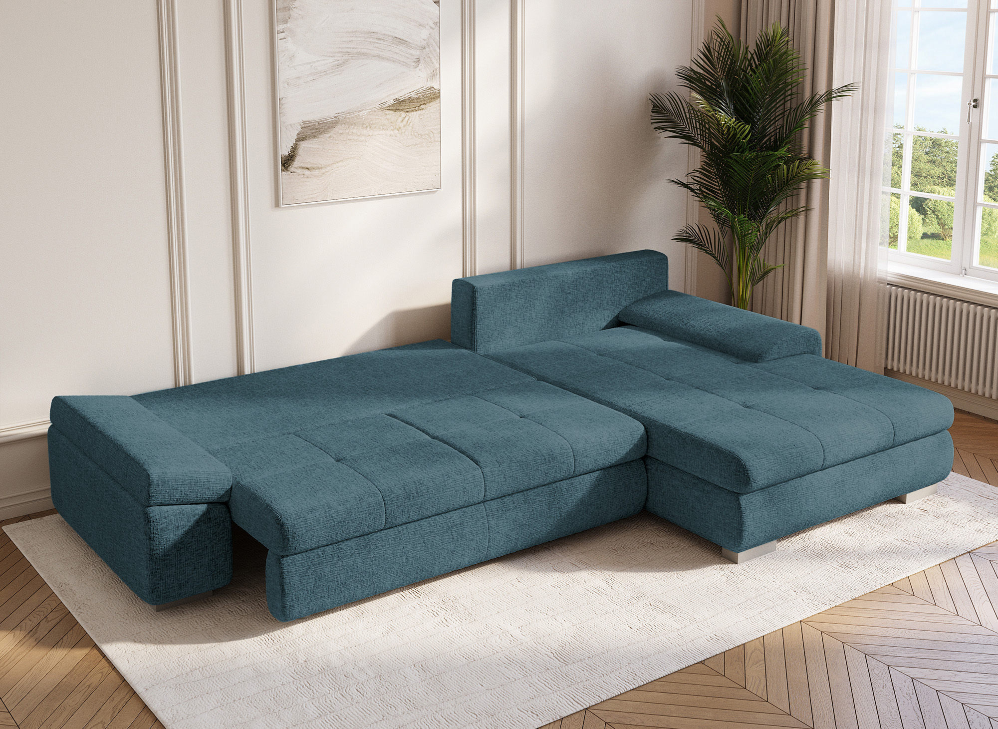 Canapé d'angle convertible réversible avec coffre en velours chiné bleu pétrole SOLEA