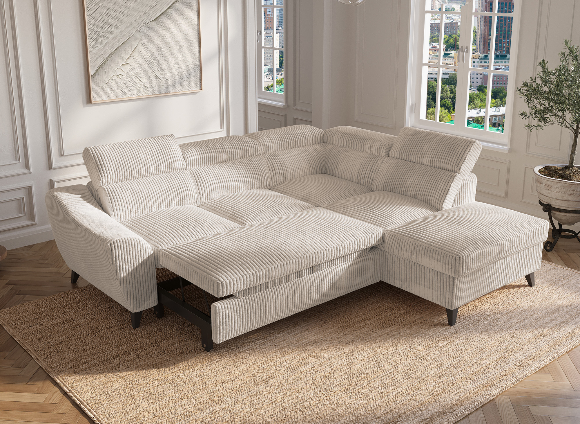 Canapé d'angle convertible avec coffre en velours côtelé épais beige DALTON - Angle droit