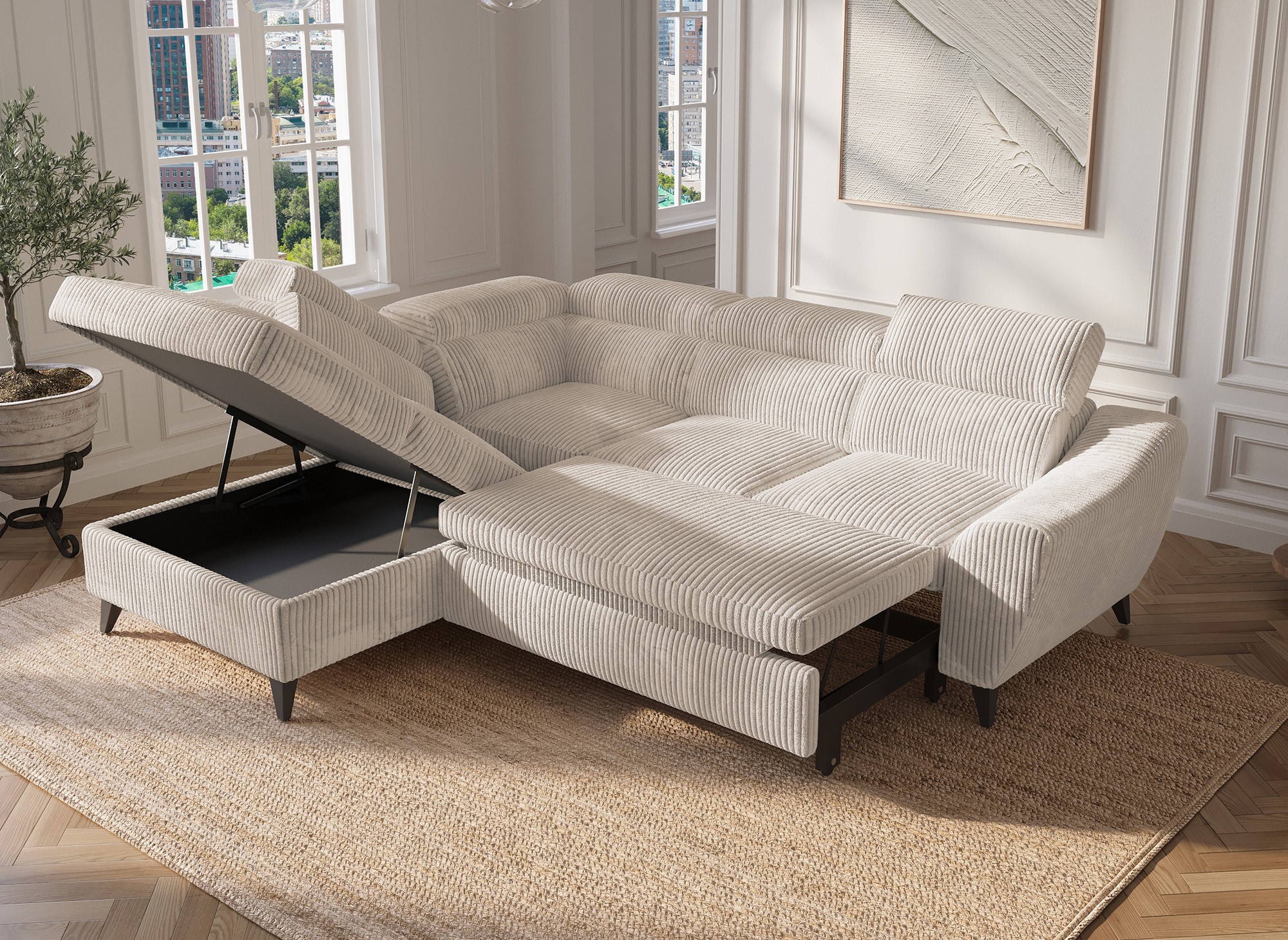 Canapé d'angle convertible avec coffre en velours côtelé épais beige DALTON - Angle gauche
