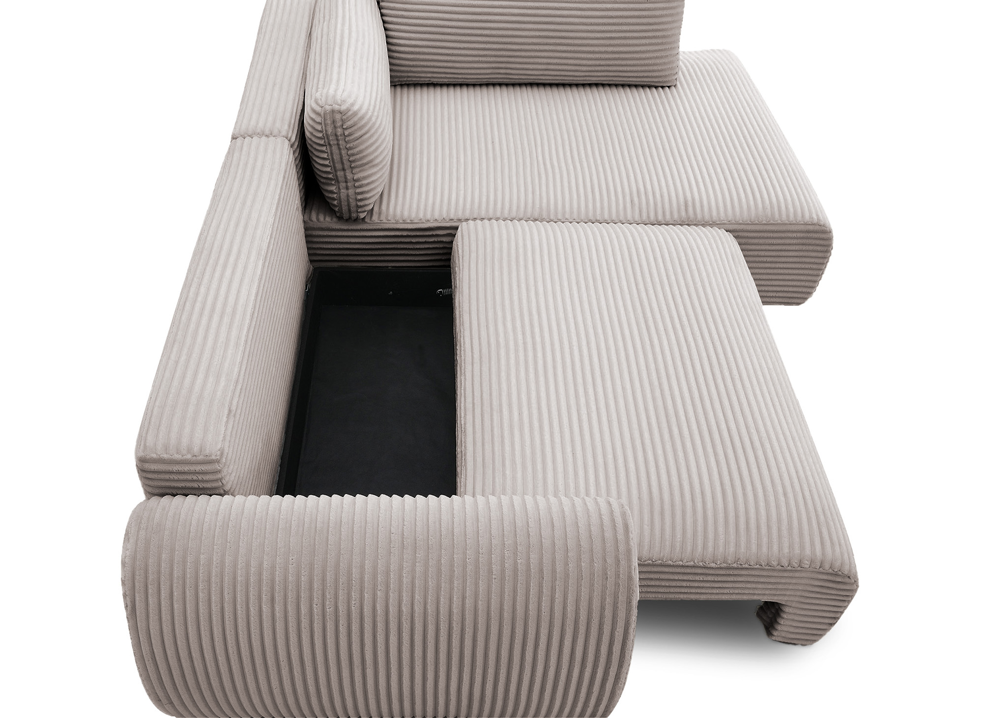 Canapé d'angle convertible avec méridienne et coffre en gros côtelé doux taupe TILDA - Angle droit