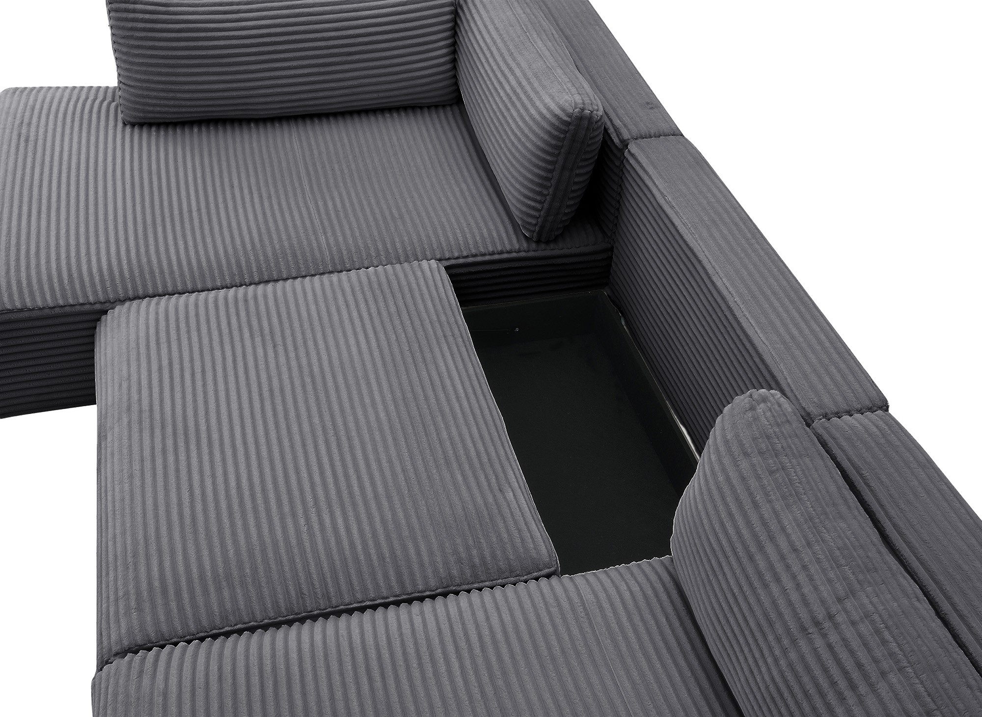 Canapé panoramique convertible avec coffre en velours gros côtelé gris TILDA - Angle gauche