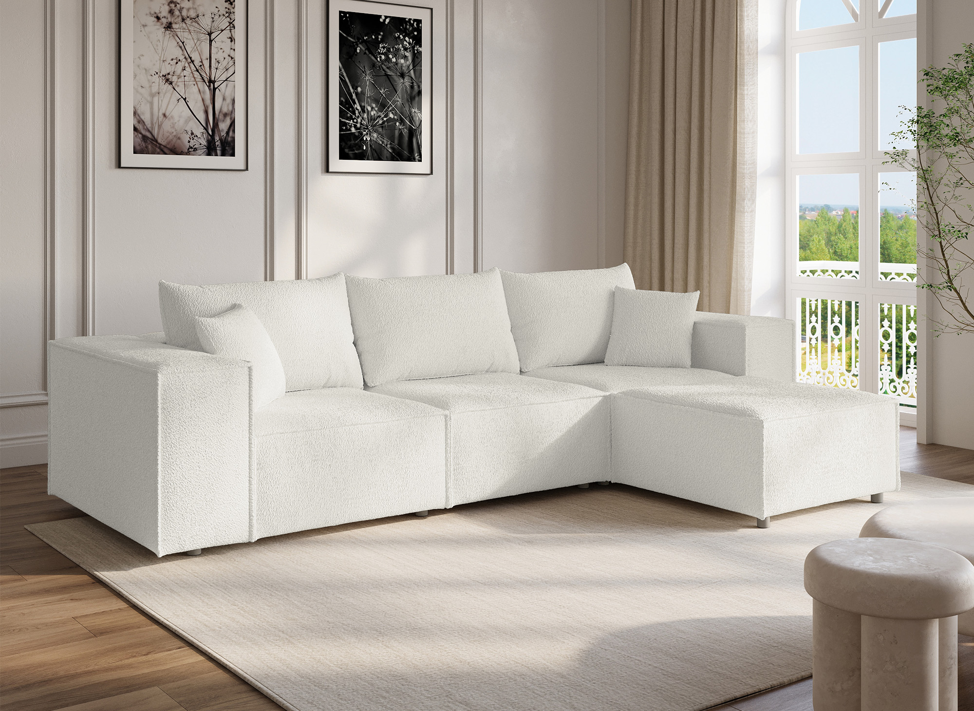 Canapé d'angle modulable en tissu effet peau de mouton blanc écru HARLEM