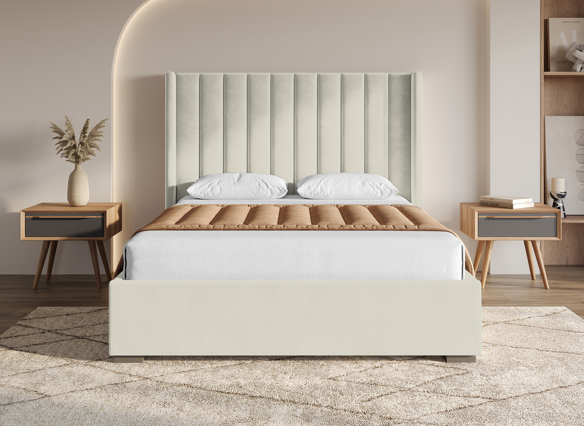 Lit coffre en velours beige 160x200 cm ALENA