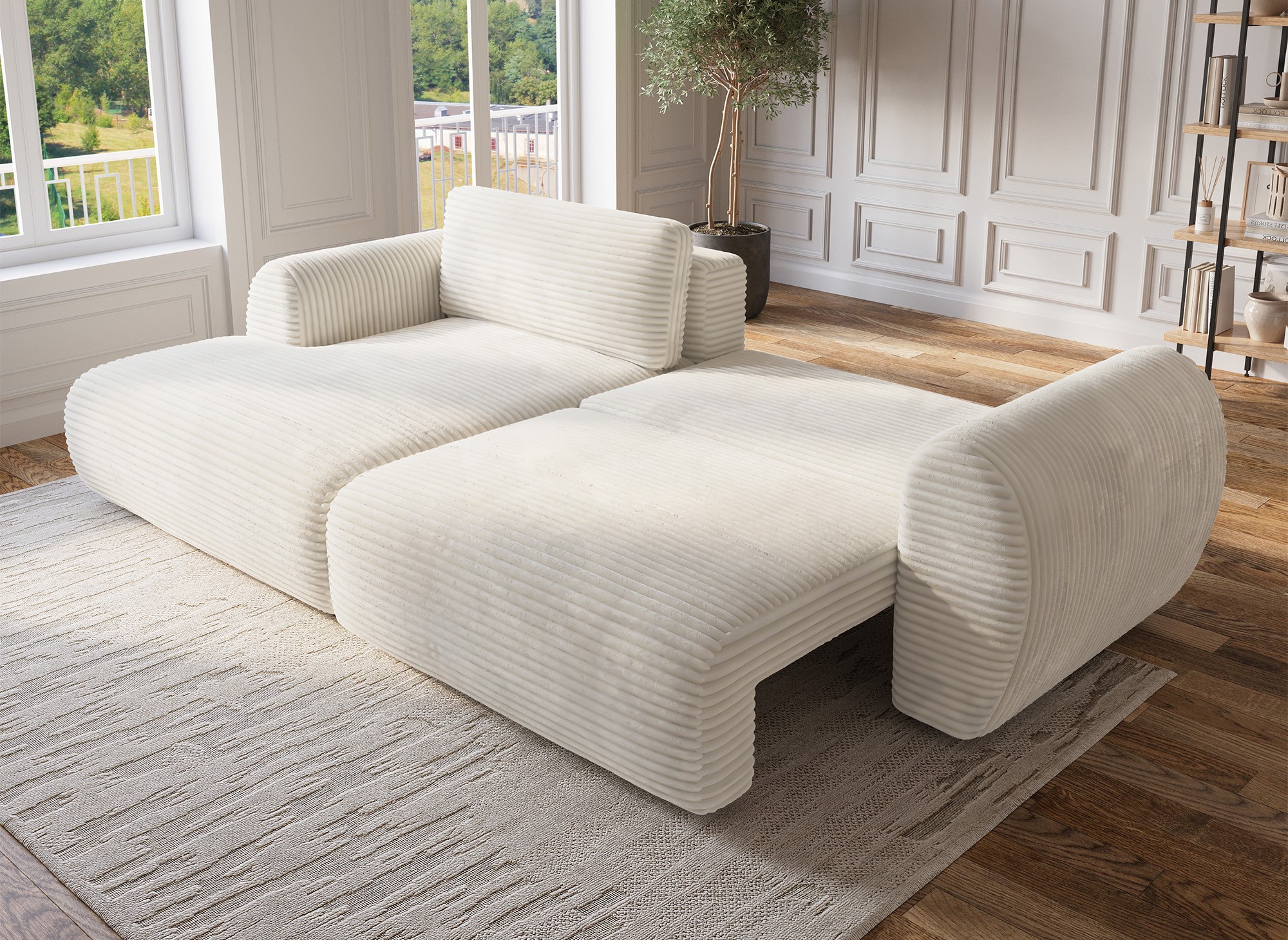 Canapé d'angle convertible avec coffre en velours gros côtelé doux beige TILDA - Angle gauche