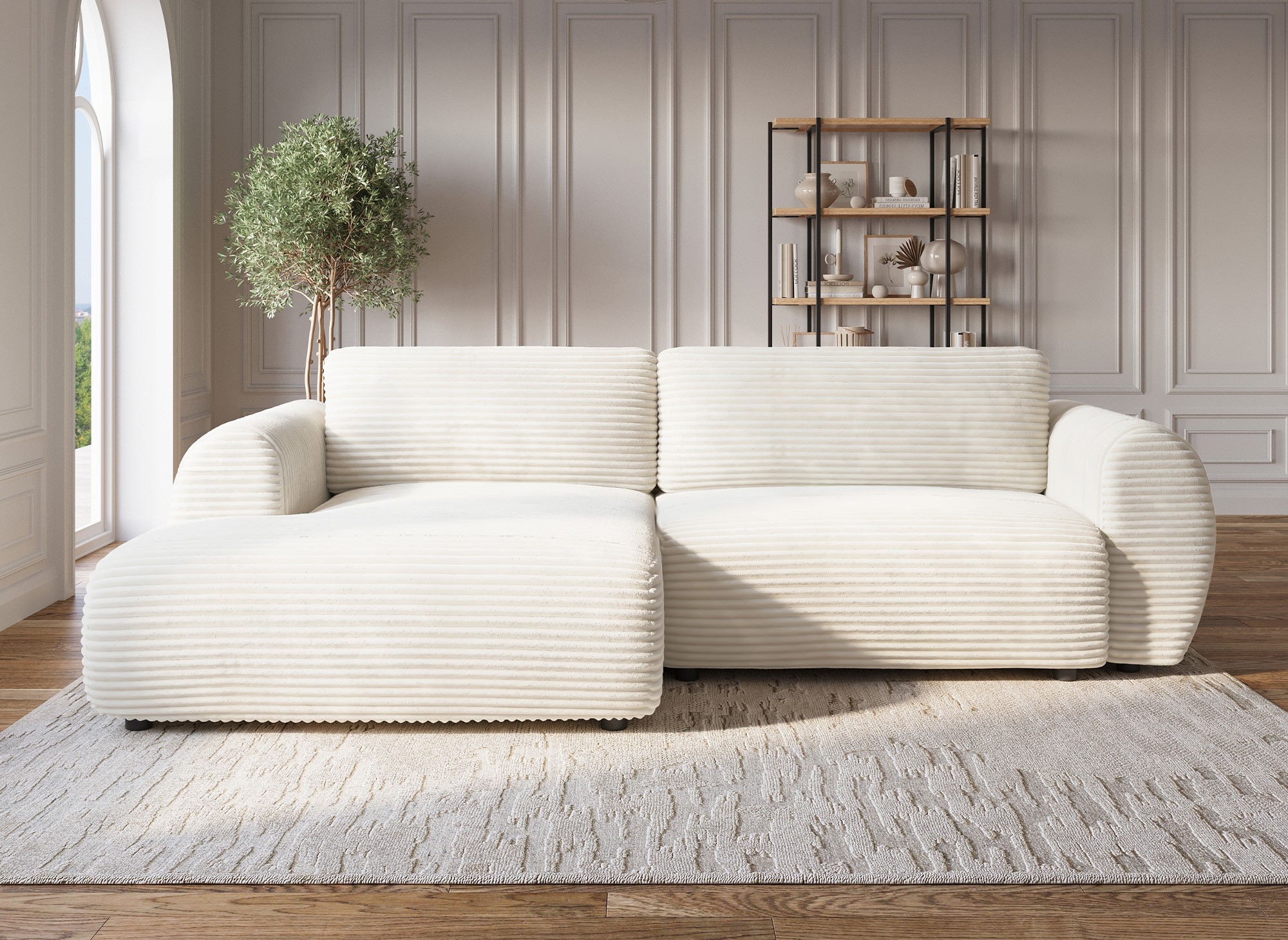 Canapé d'angle convertible avec coffre en velours gros côtelé doux beige TILDA - Angle gauche
