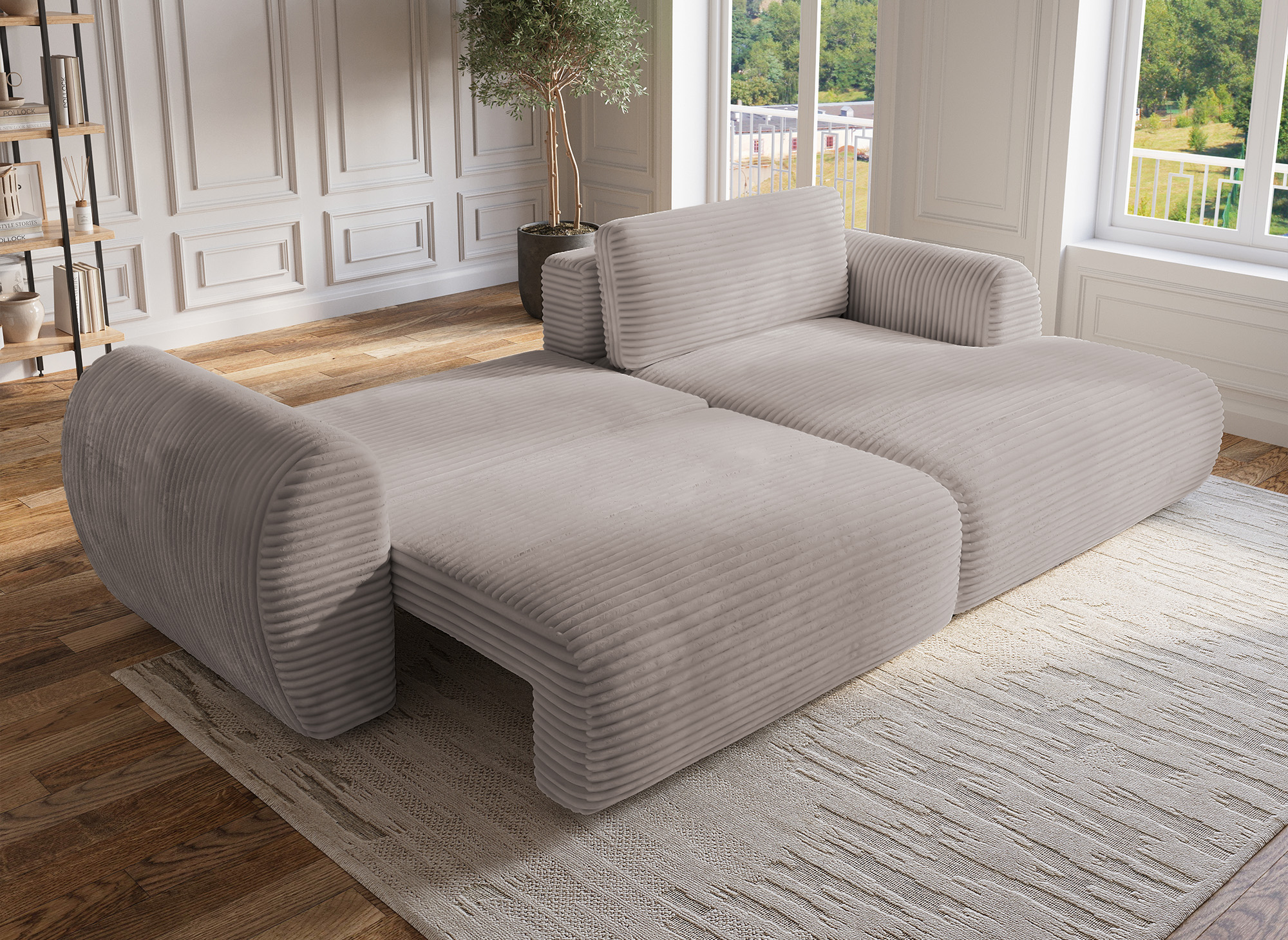 Canapé d'angle convertible avec coffre en velours gros côtelé doux taupe TILDA - Angle droit