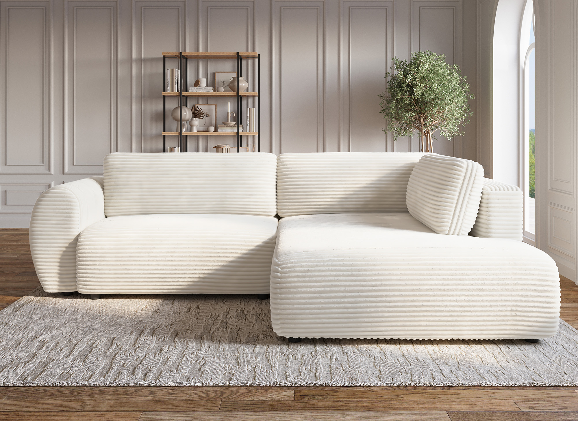 Canapé d'angle convertible avec méridienne et coffre en gros côtelé doux beige TILDA - Angle droit