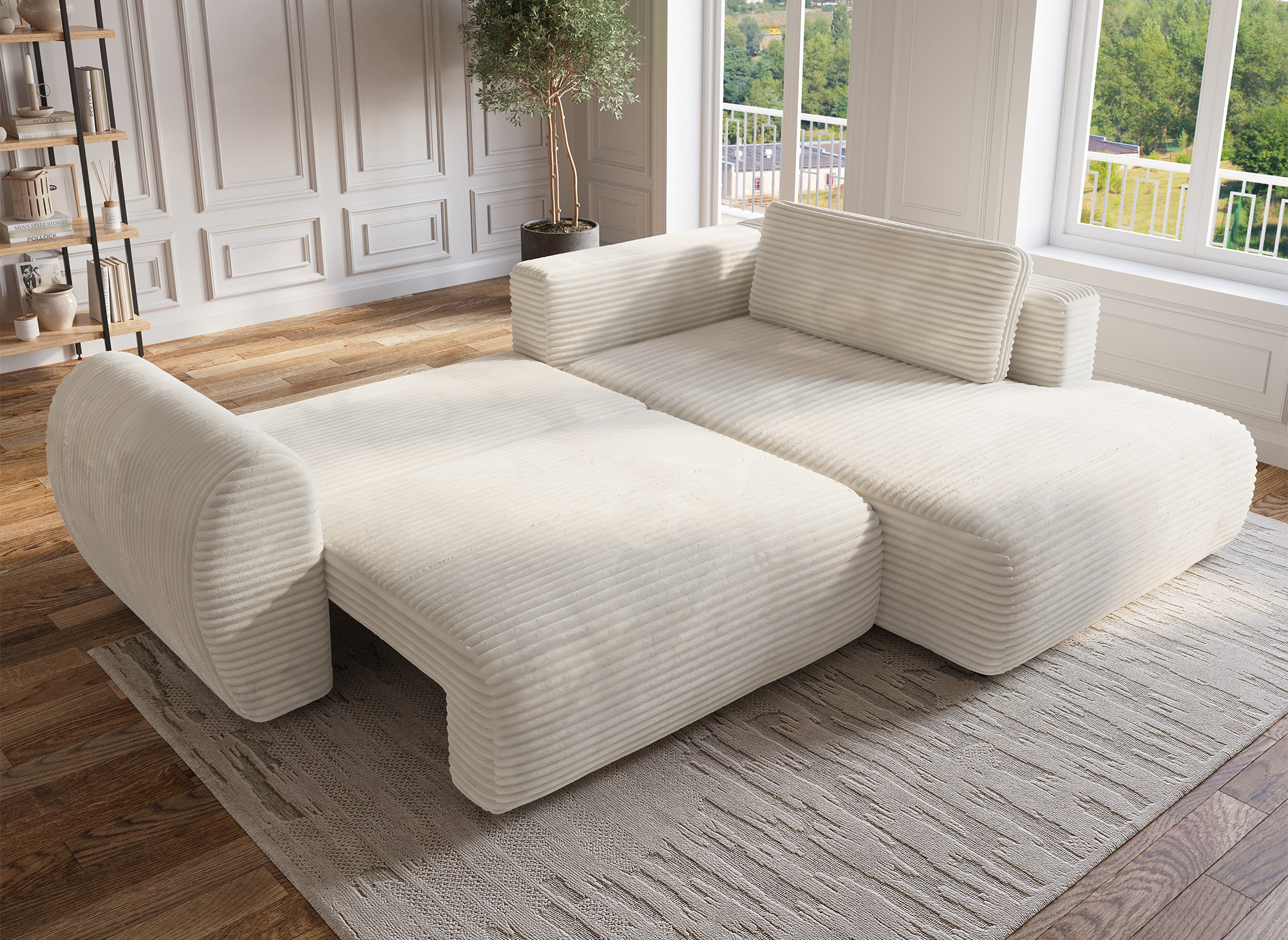 Canapé d'angle convertible avec méridienne et coffre en gros côtelé doux beige TILDA - Angle droit
