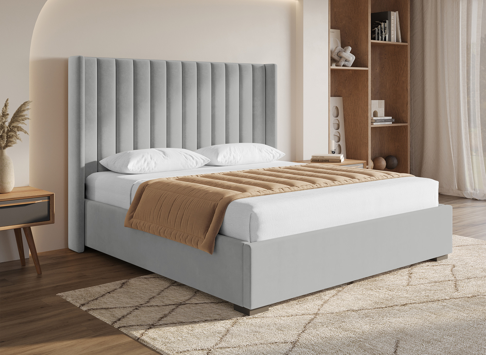 Lit coffre en velours gris 180x200 ALENA