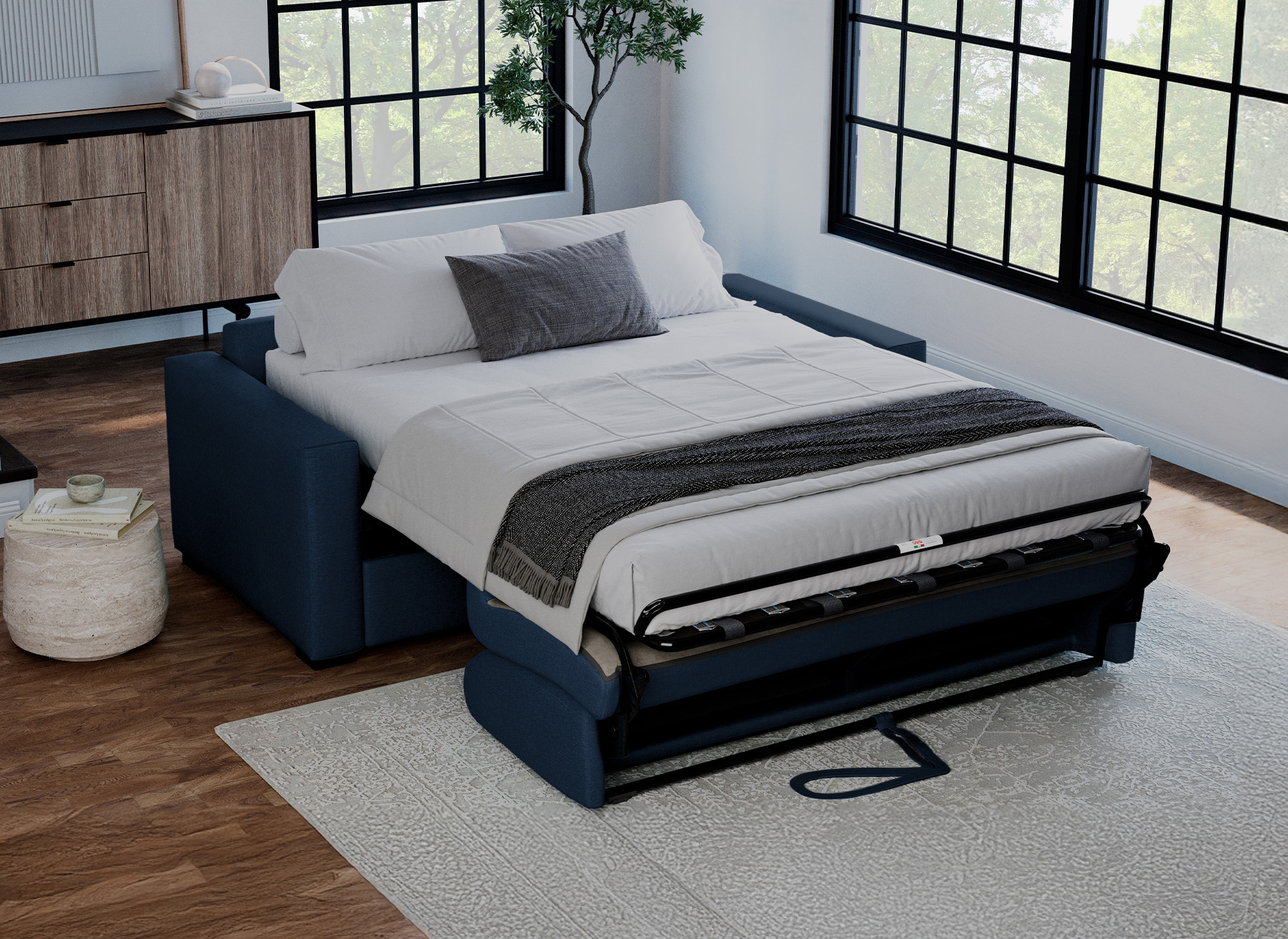 Canapé convertible 3 places LOUNA LUXE en tissu bleu denim ouverture express matelas 18 cm